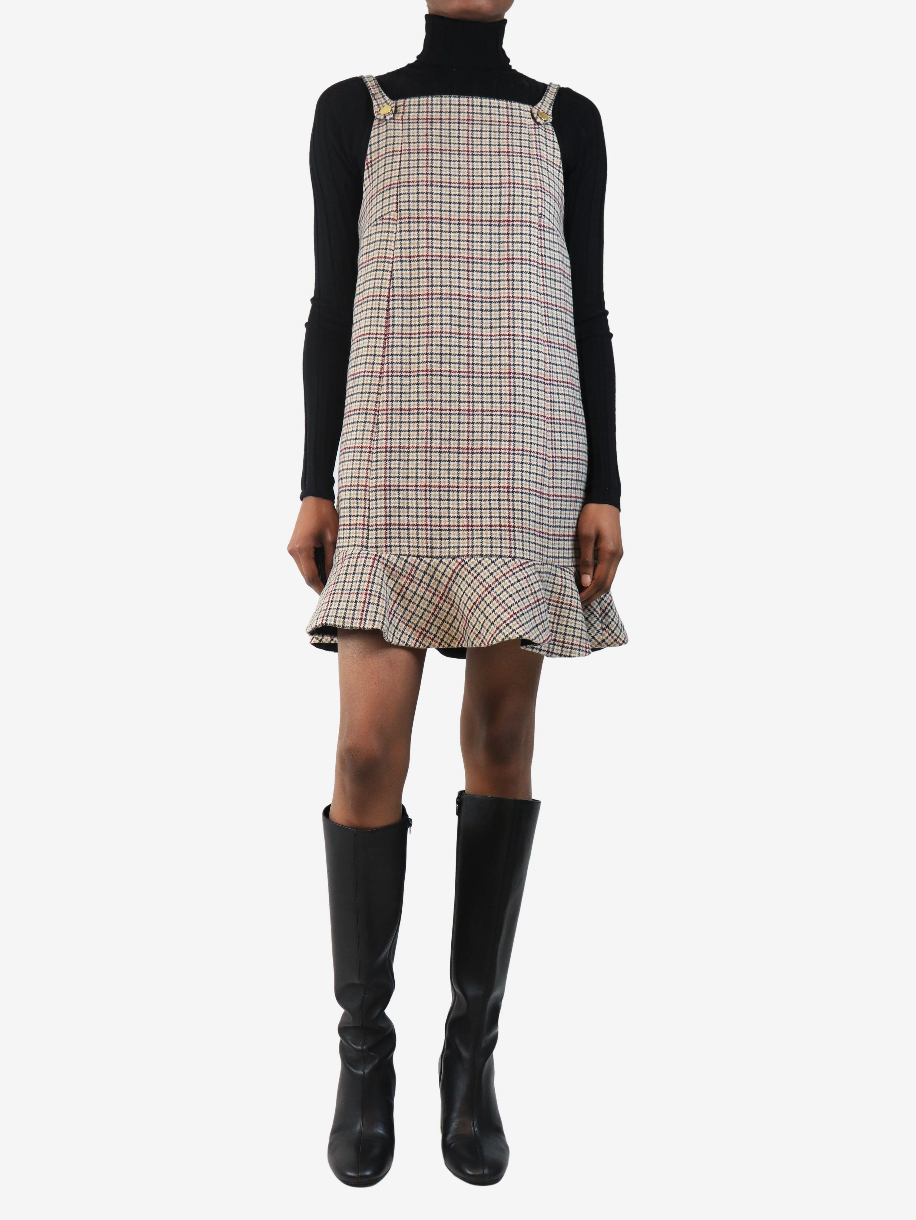 Brown check wool-blend mini dress - size UK 6 - Image 3