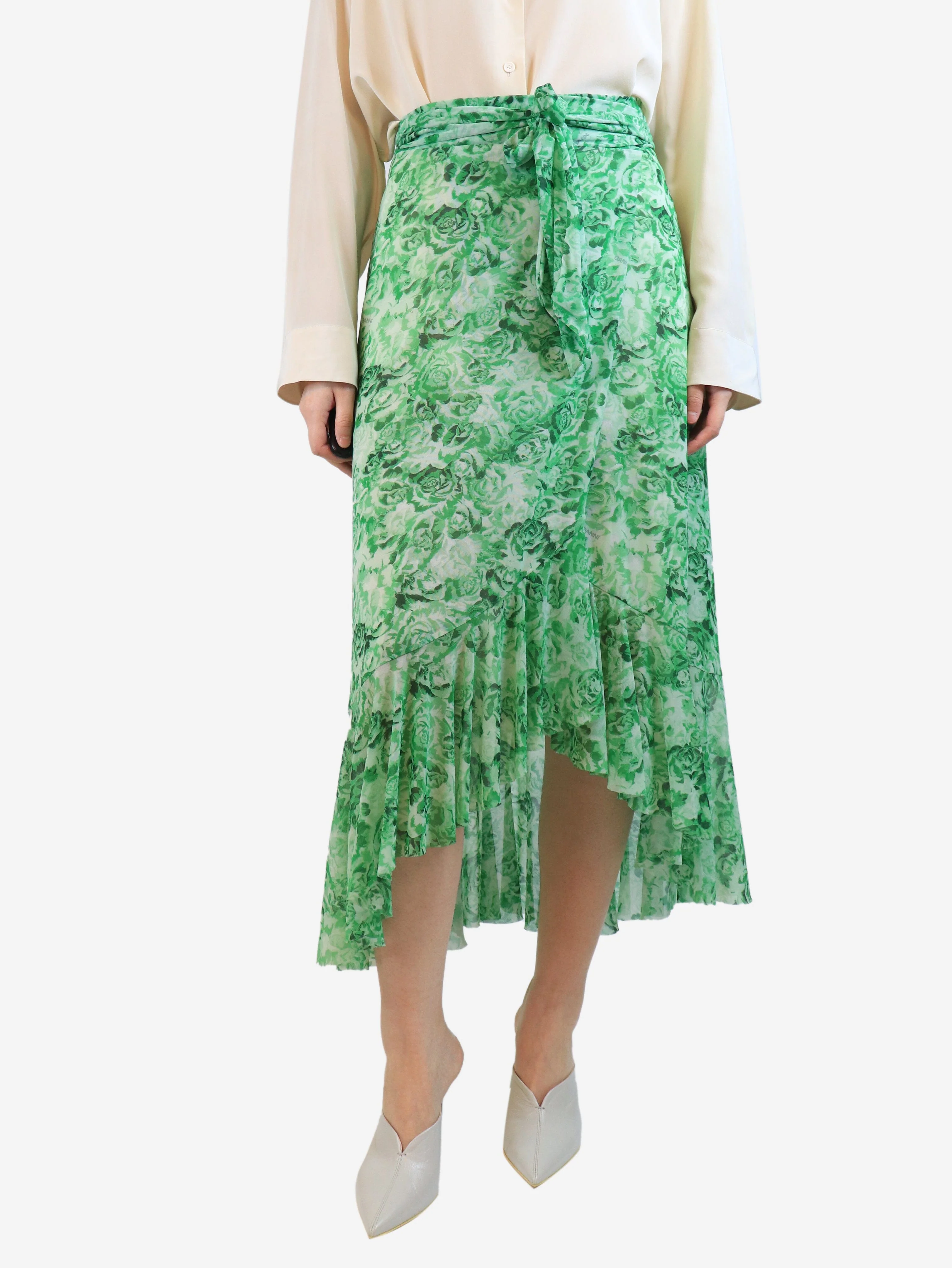 Green floral wrap skirt - size UK 8