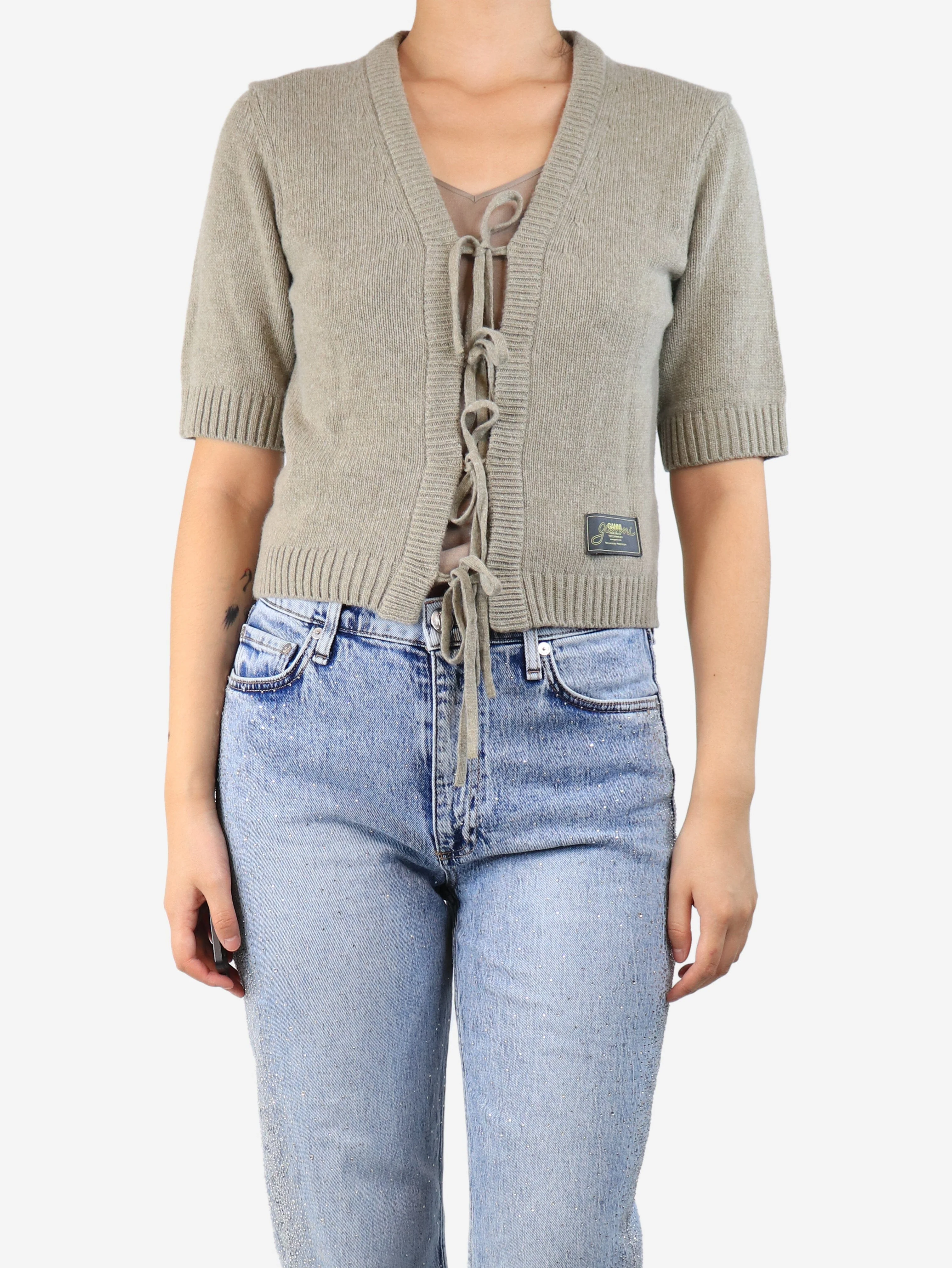 Sage green cropped tie-front cardigan - size S