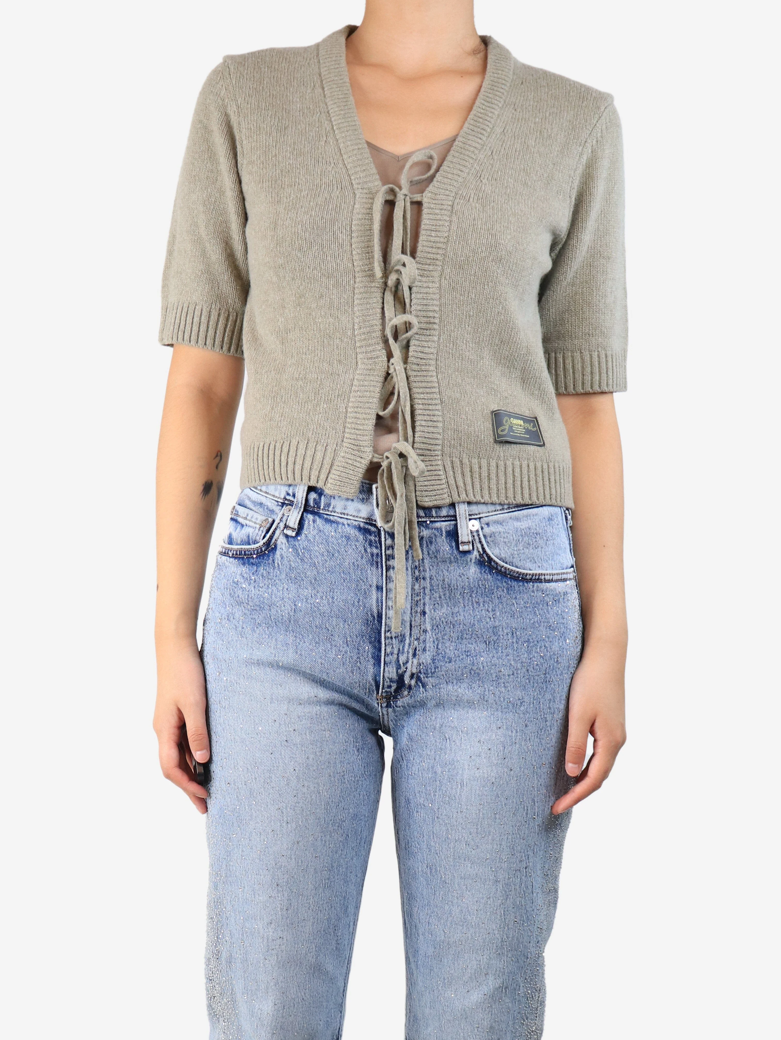 Sage green cropped tie-front cardigan - size S - Image 3