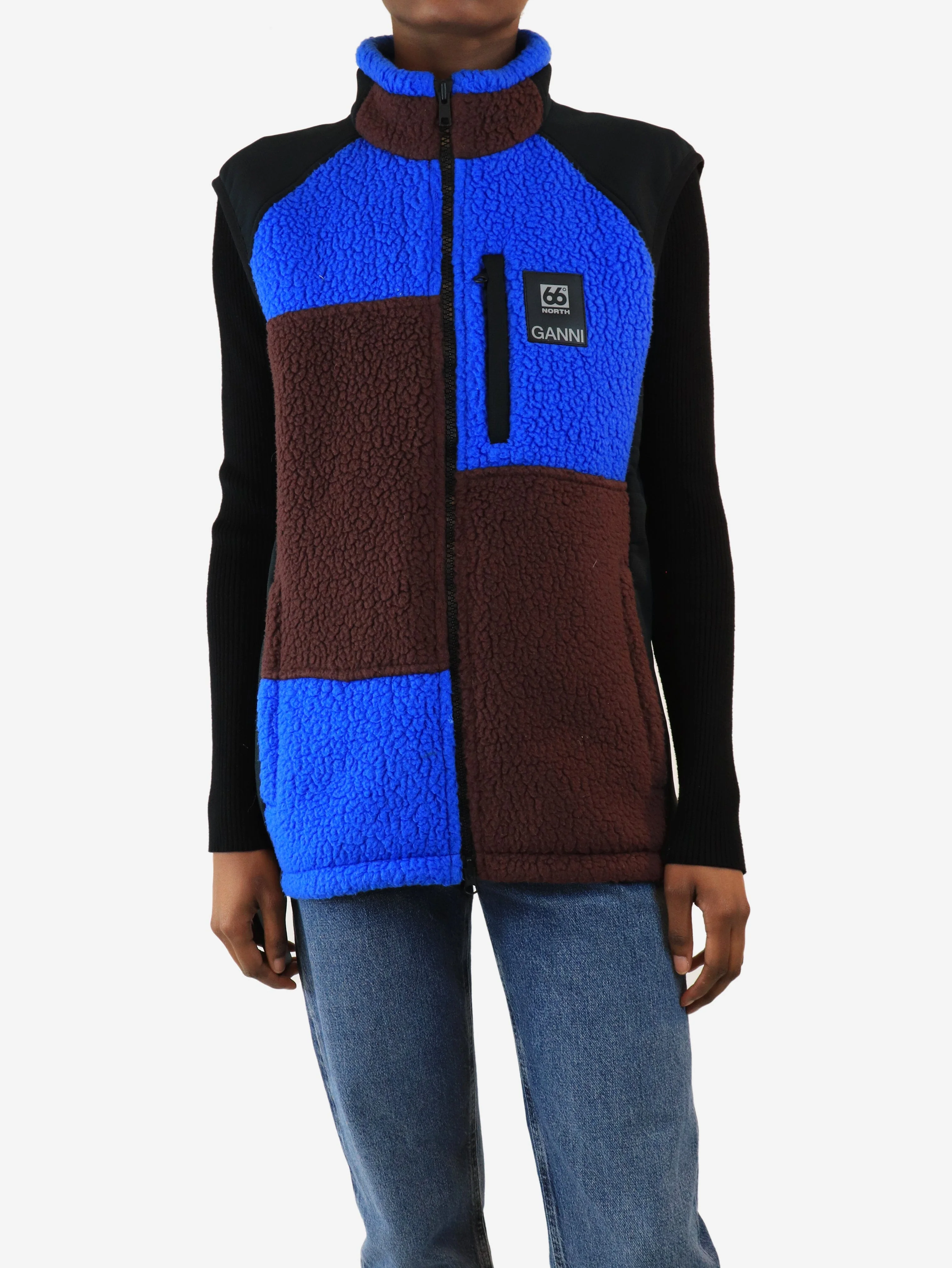 Blue and maroon colour-block fleece vest - size XS