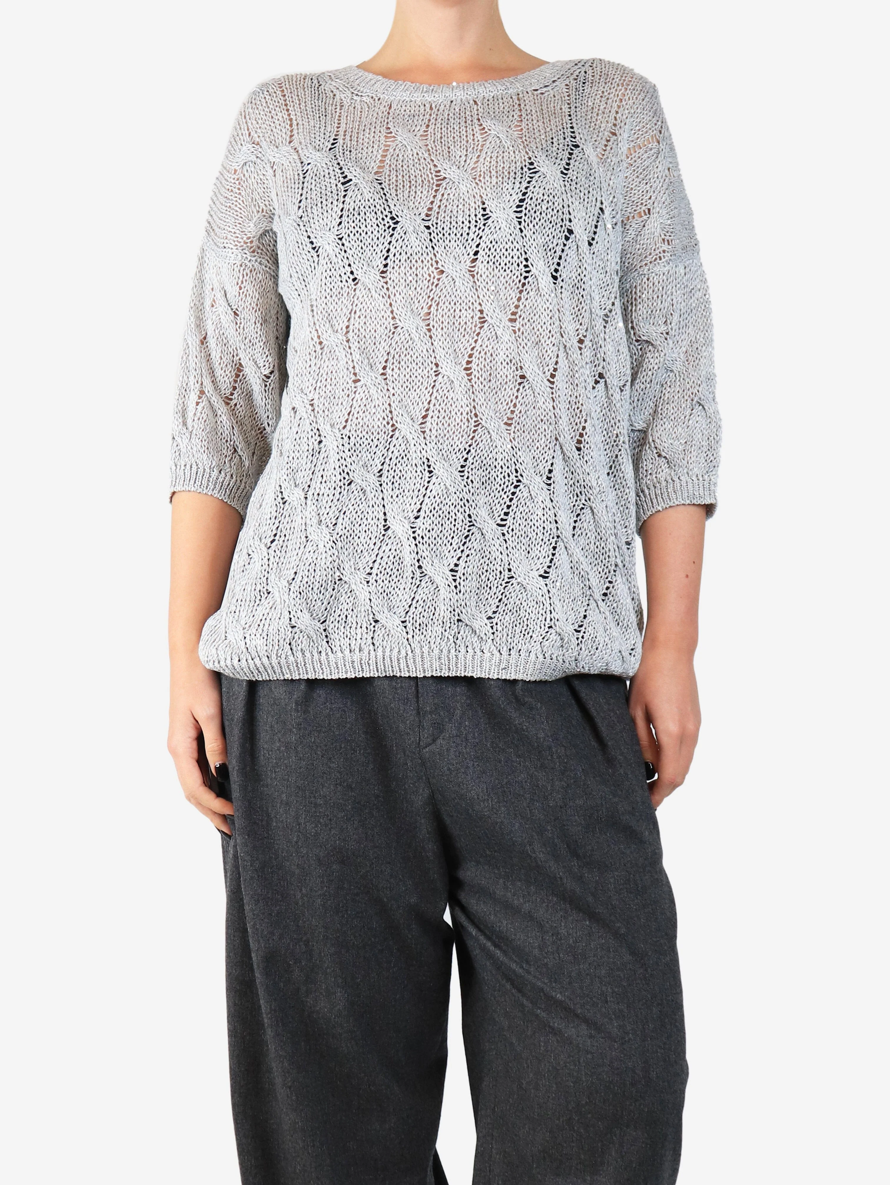 Grey sequined cable knit cardigan - size UK 12
