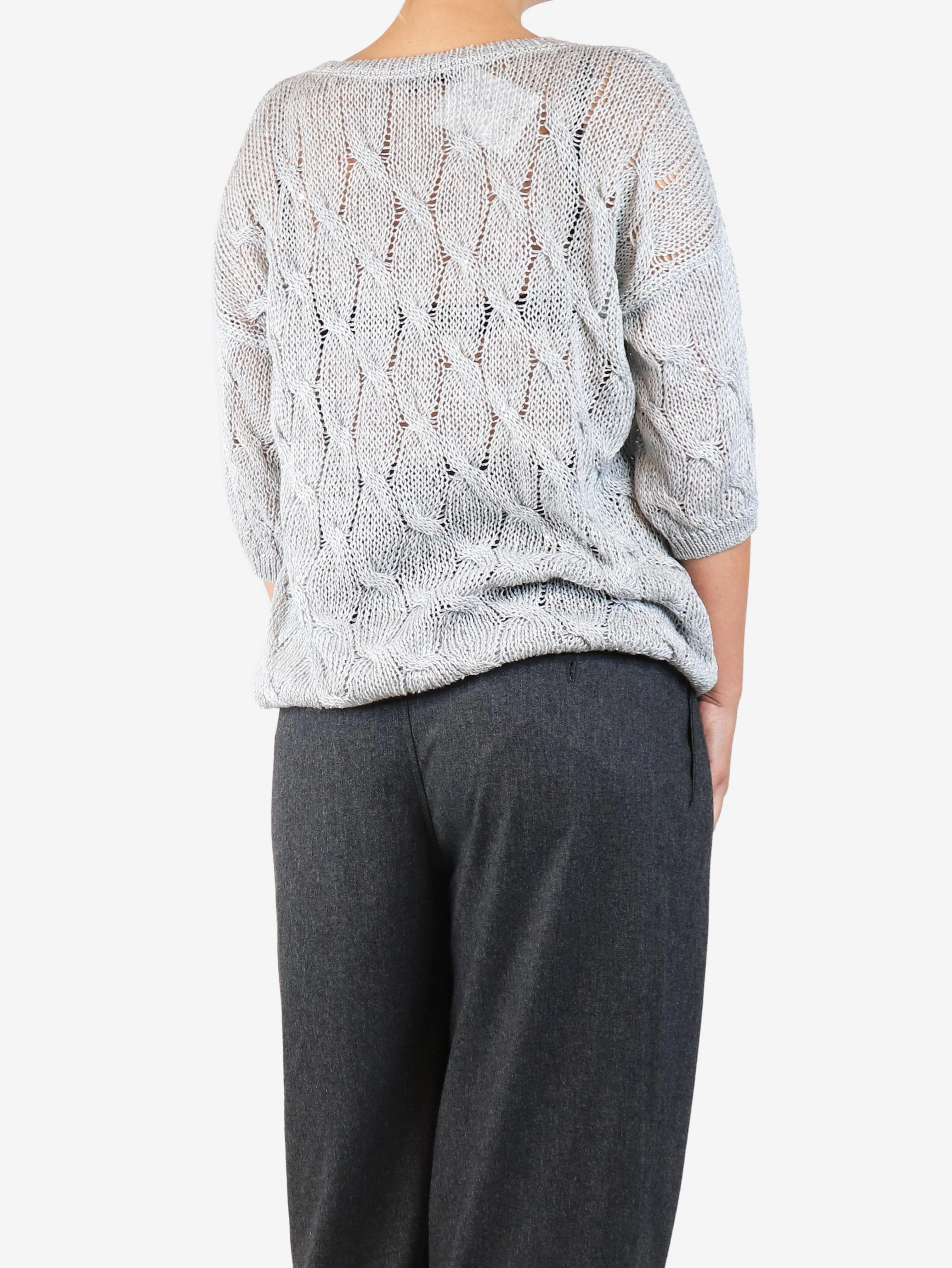 Grey sequined cable knit cardigan - size UK 12 - Image 2