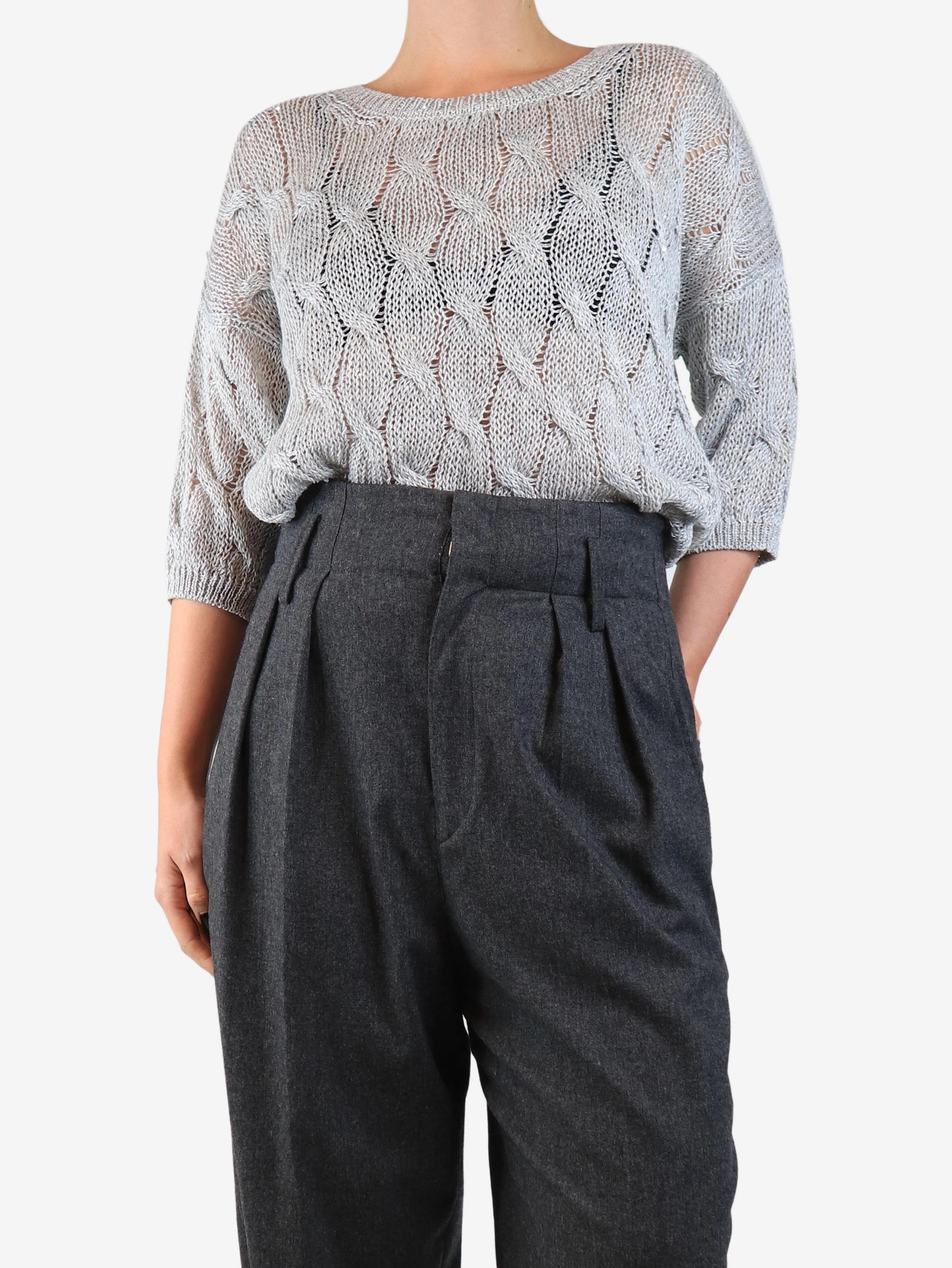 Grey sequined cable knit cardigan - size UK 12 - Image 3