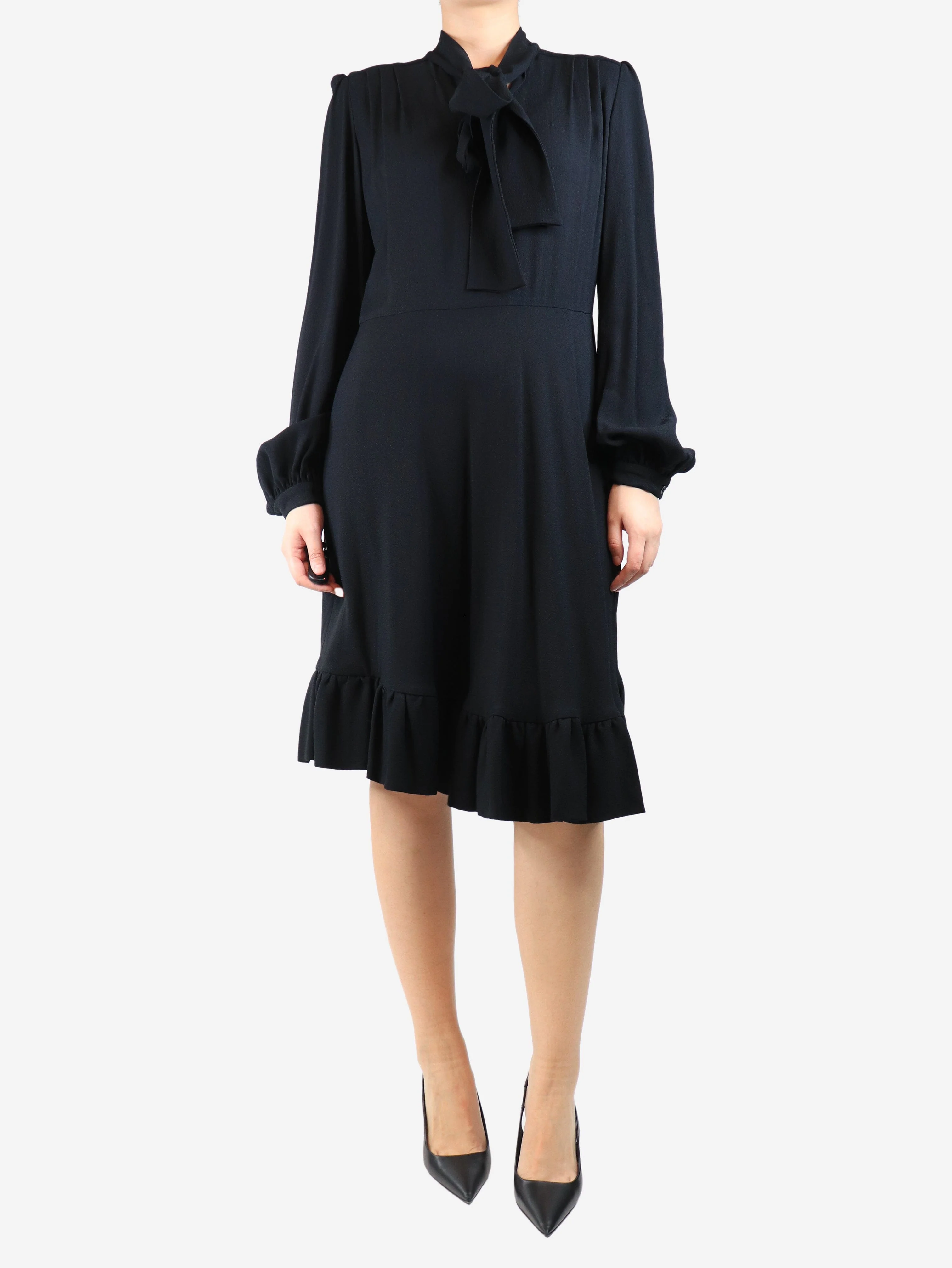 Black tie-neck midi dress - size UK 12