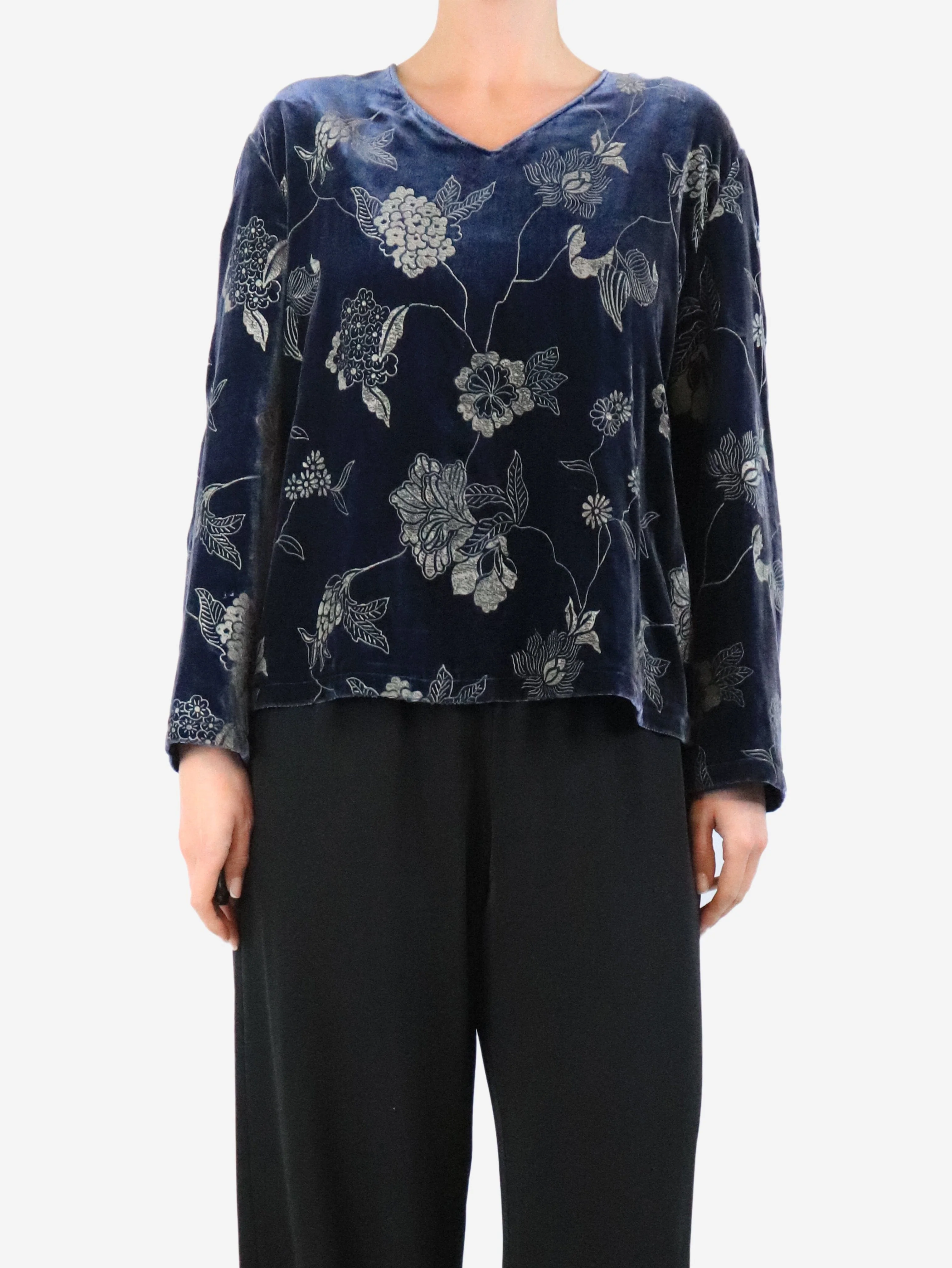 Blue velvet jacquard top - size UK 16