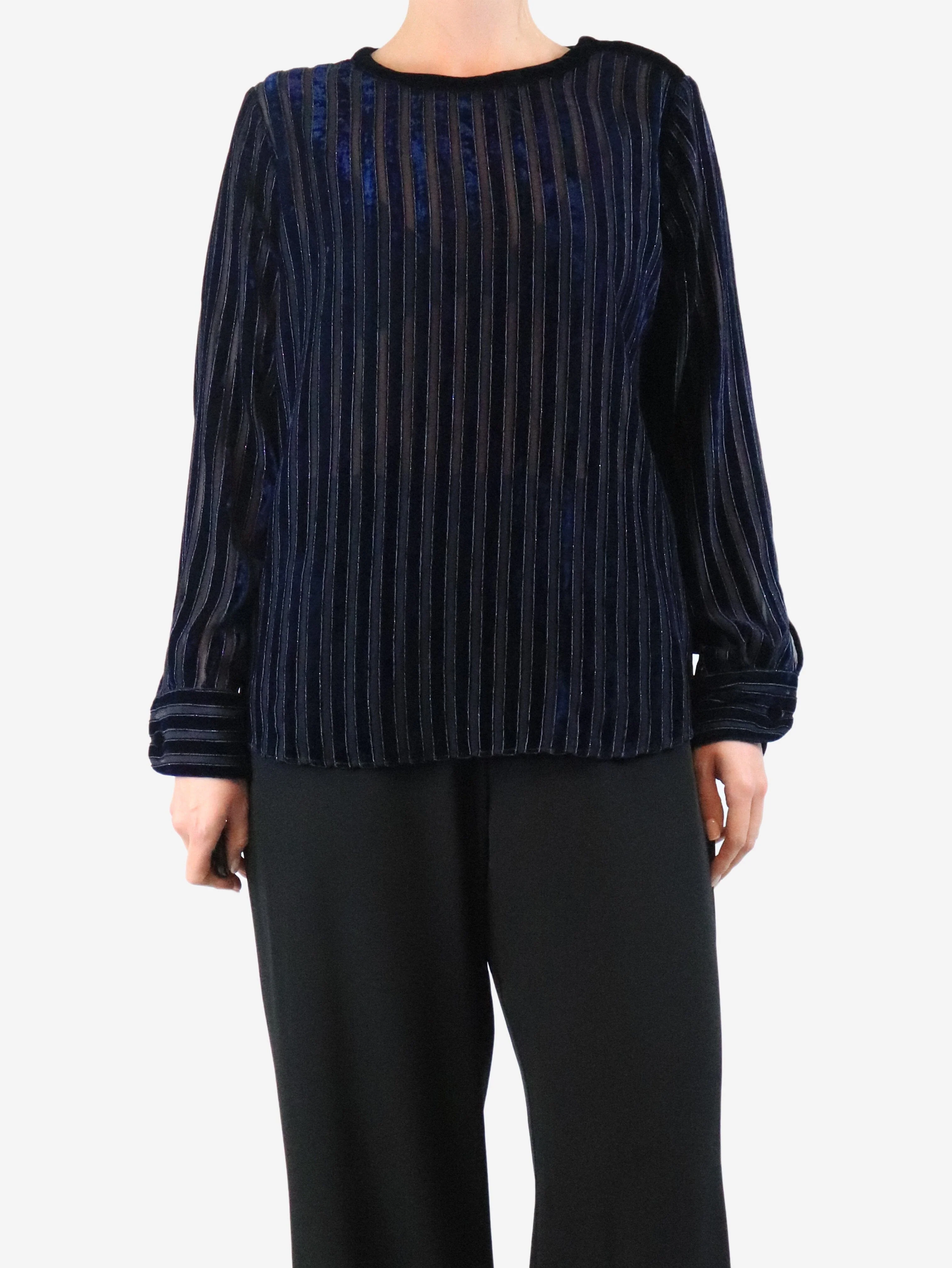 Blue velvet striped top - size UK 14