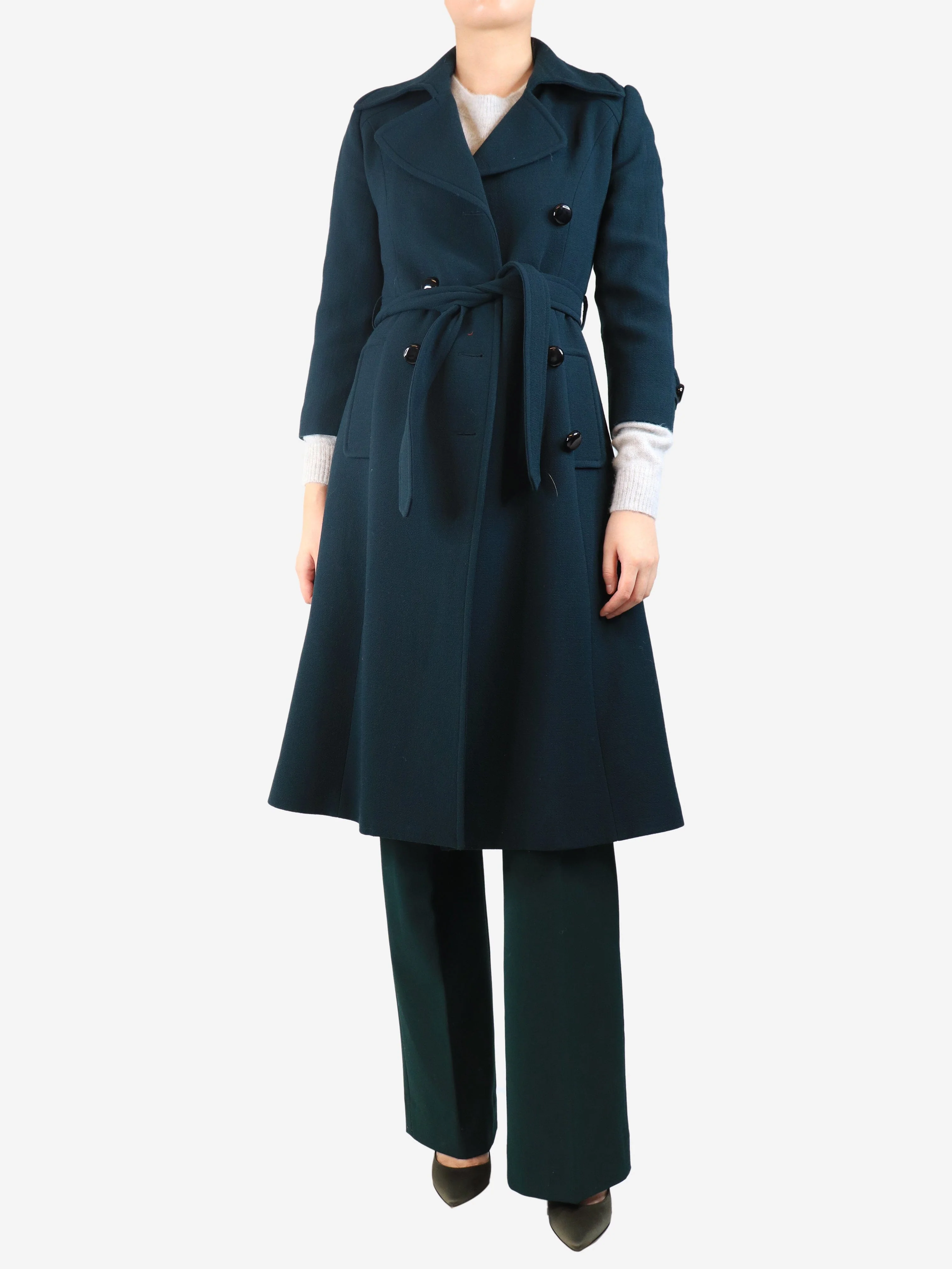 Dark green double-breasted wool crepe coat - size UK 8