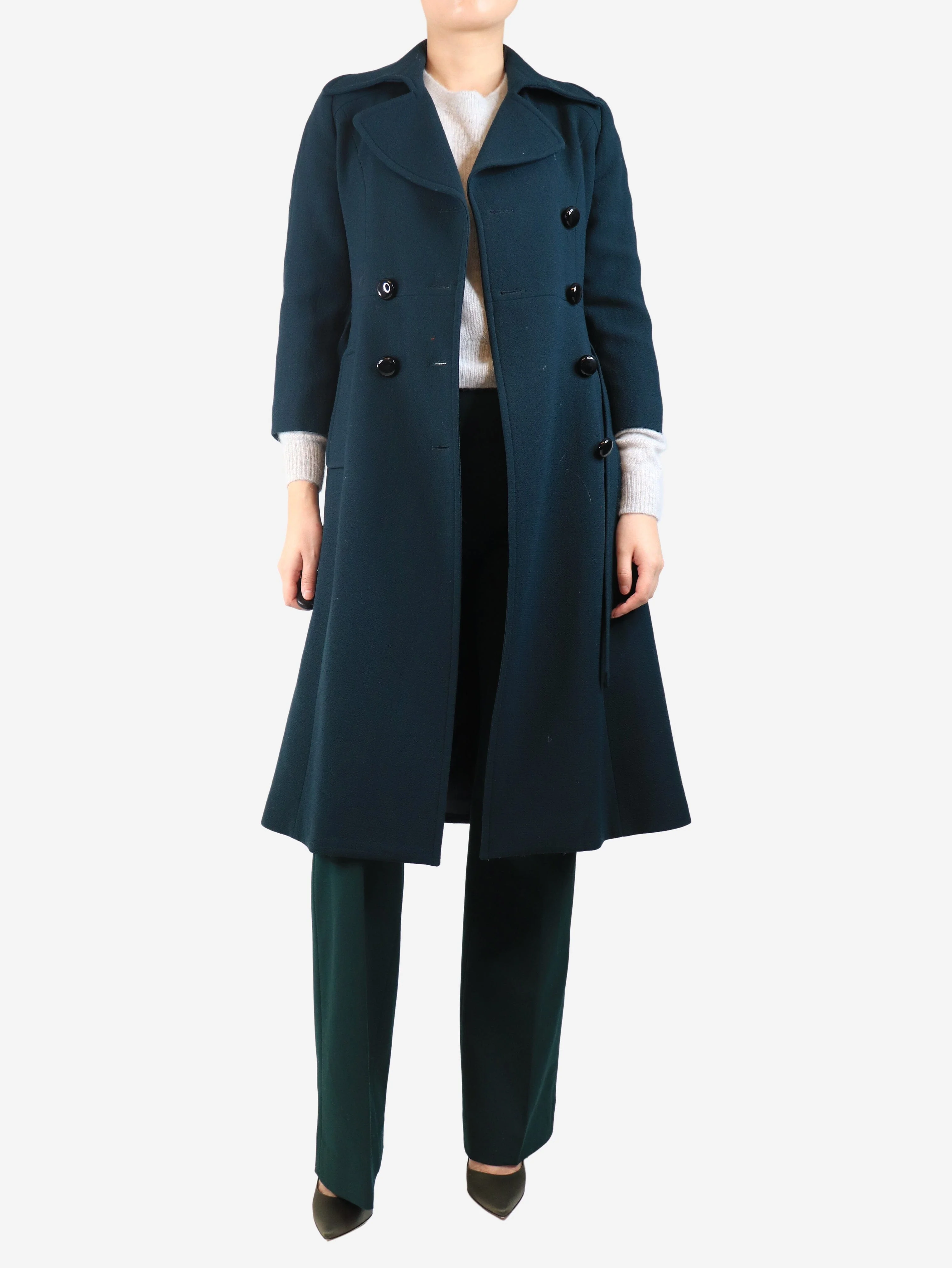 Dark green double-breasted wool crepe coat - size UK 8 - Image 3