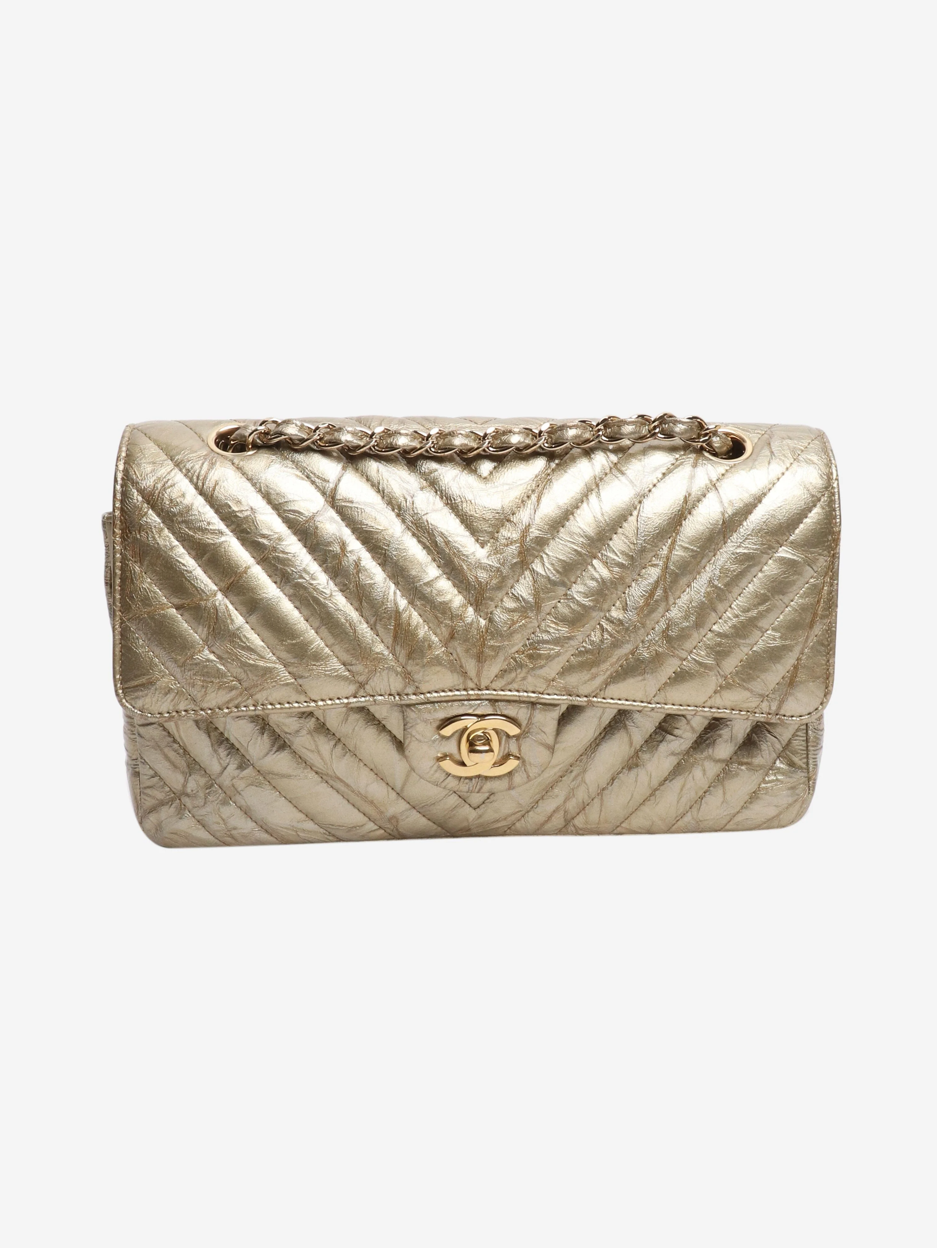 Gold 2018 medium chevron-quilted crumpled lambskin double flap shoulder bag