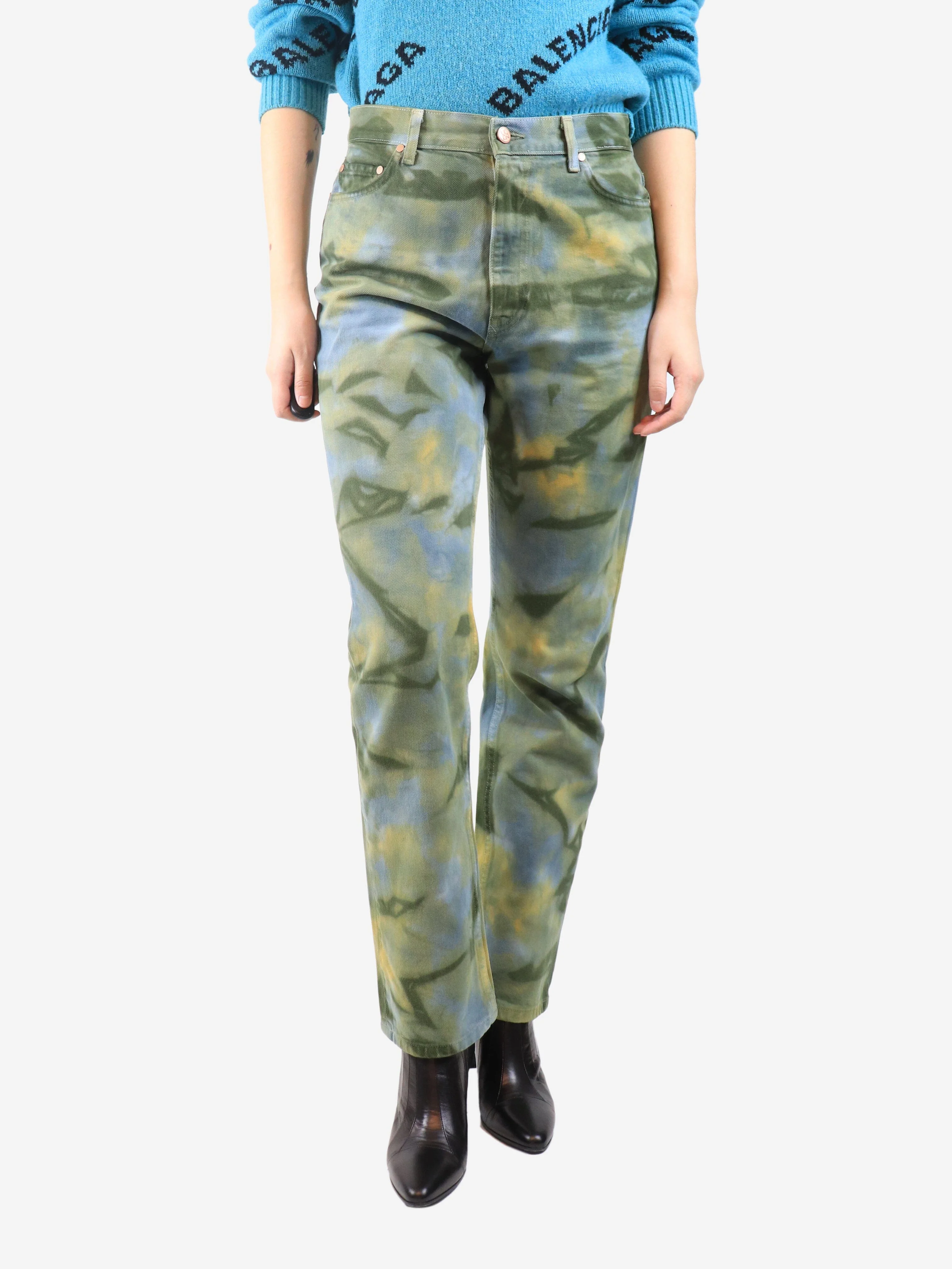 Green and blue dye-print trousers - size UK 12