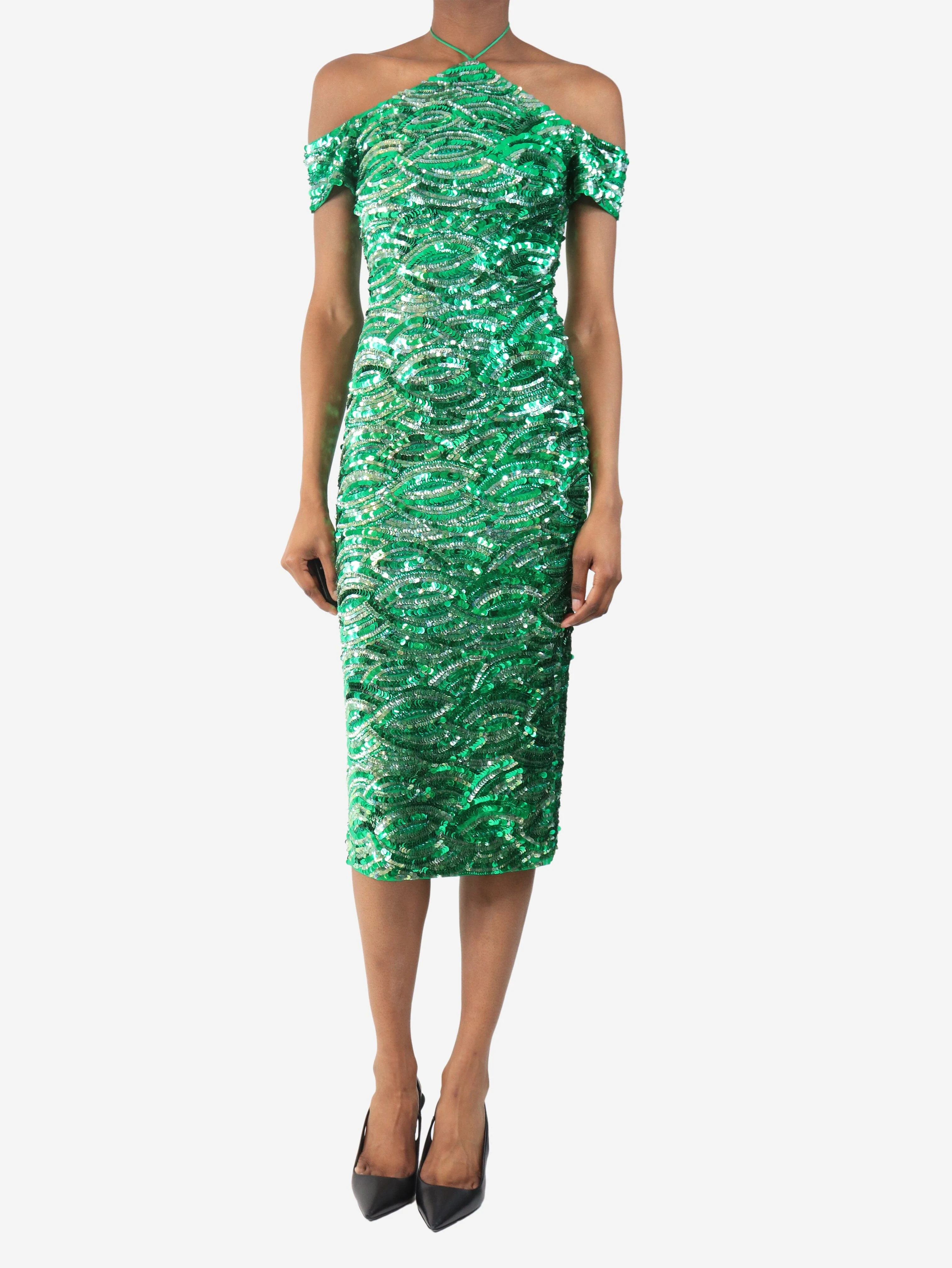 Green green sequin halter-neck midi dress - size UK 6 - Image 3