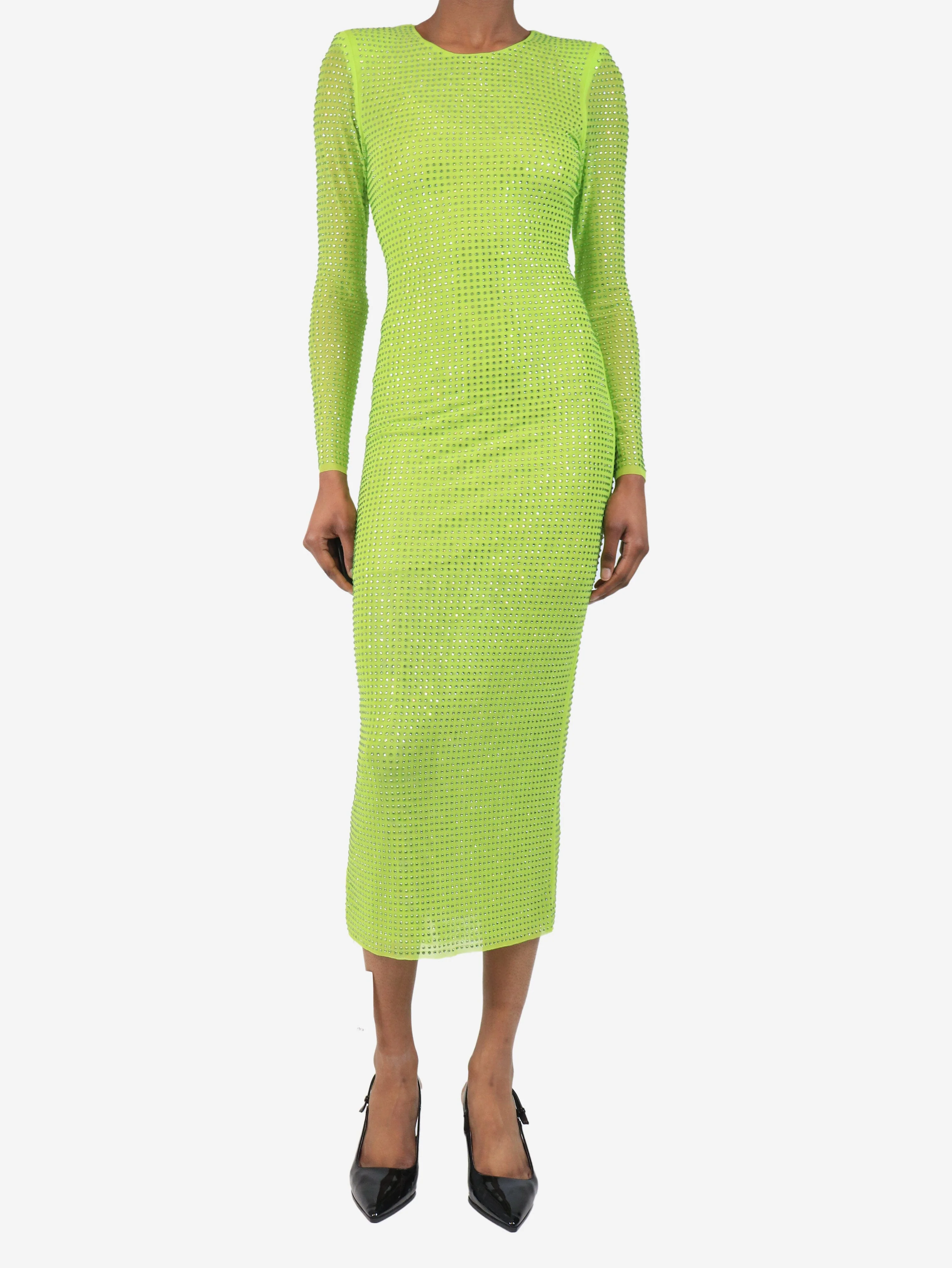 Green long sleeve diamante mesh dress - size UK 6