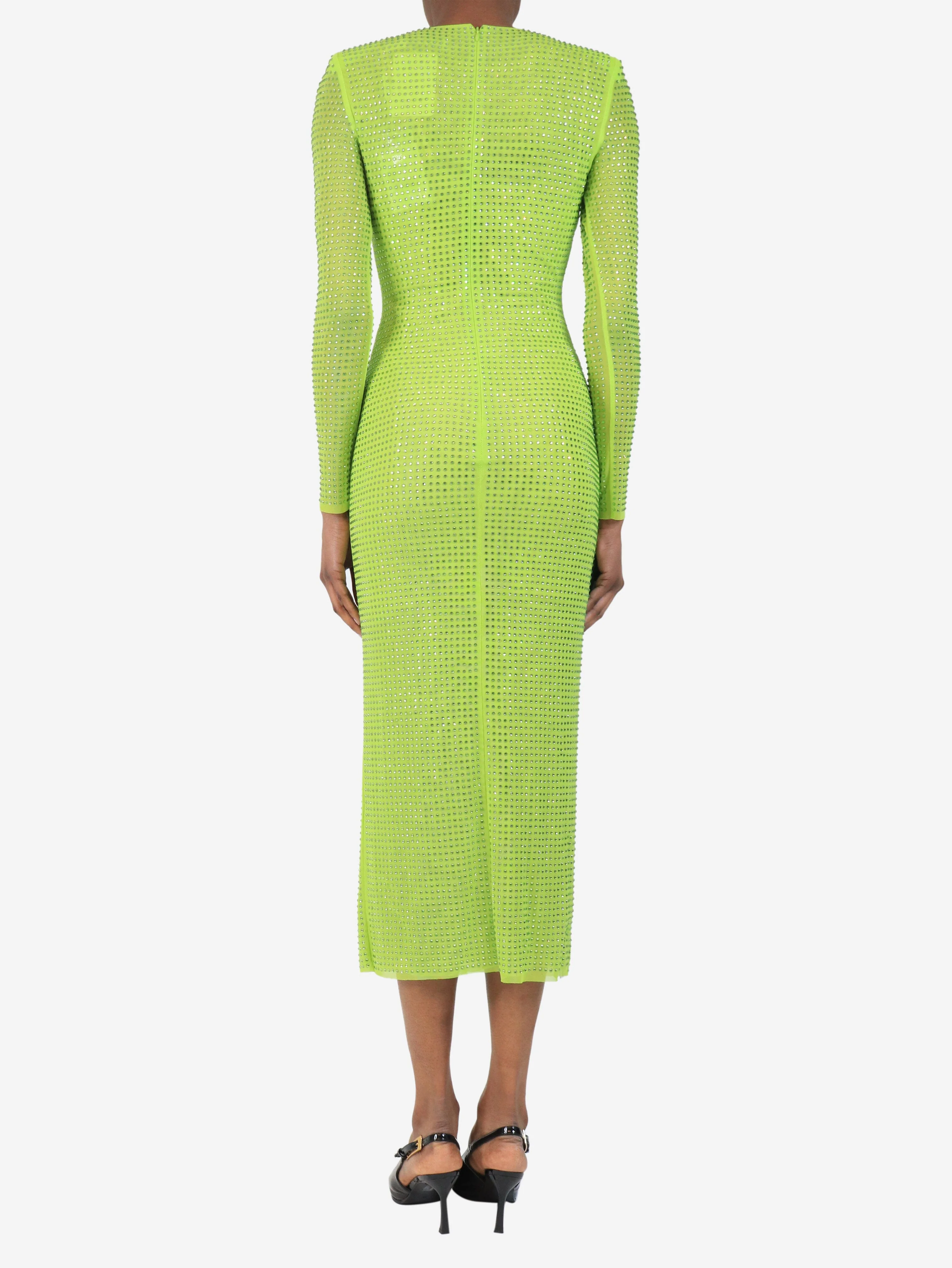 Green long sleeve diamante mesh dress - size UK 6 - Image 2