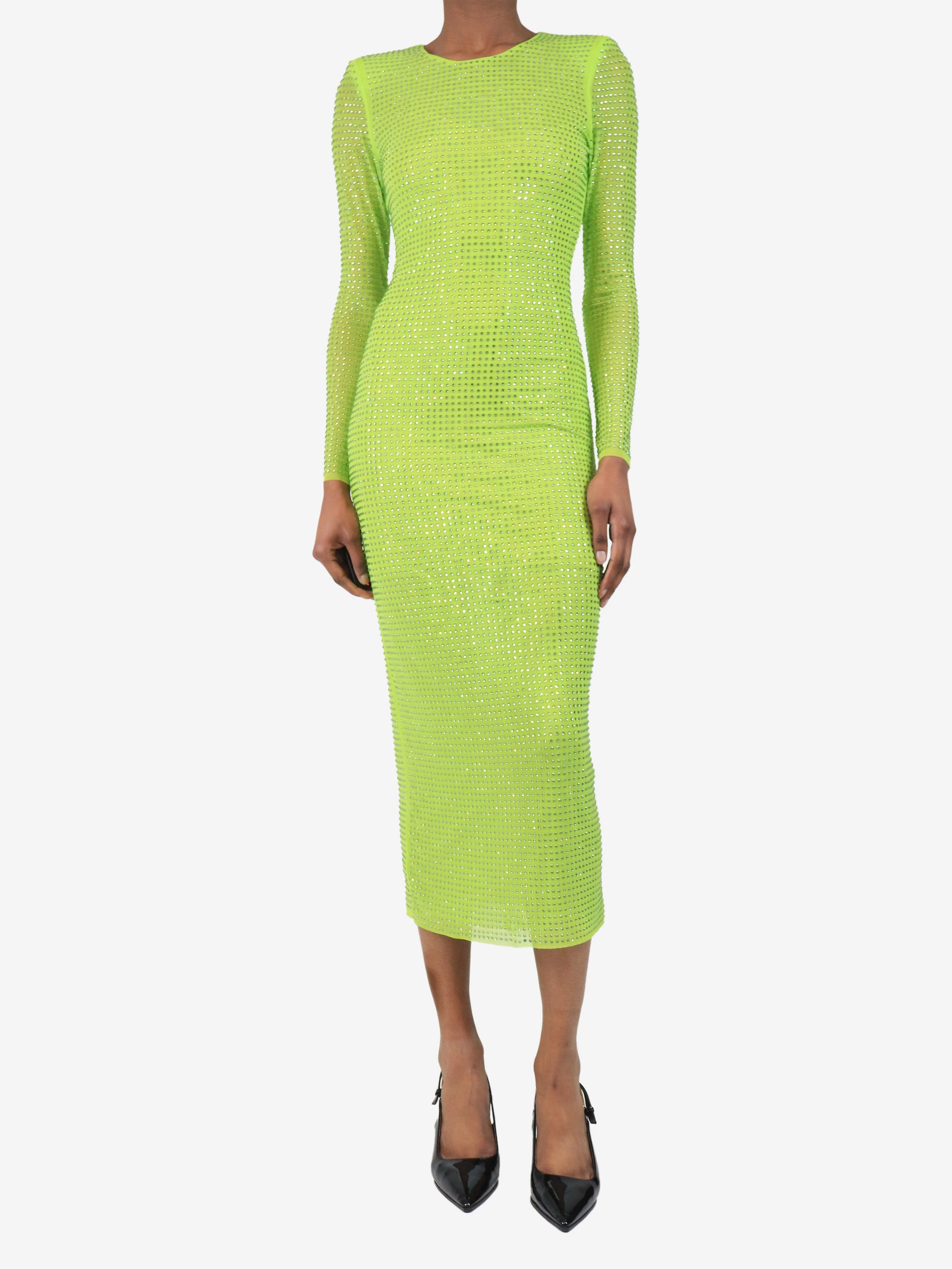 Green long sleeve diamante mesh dress - size UK 6 - Image 3