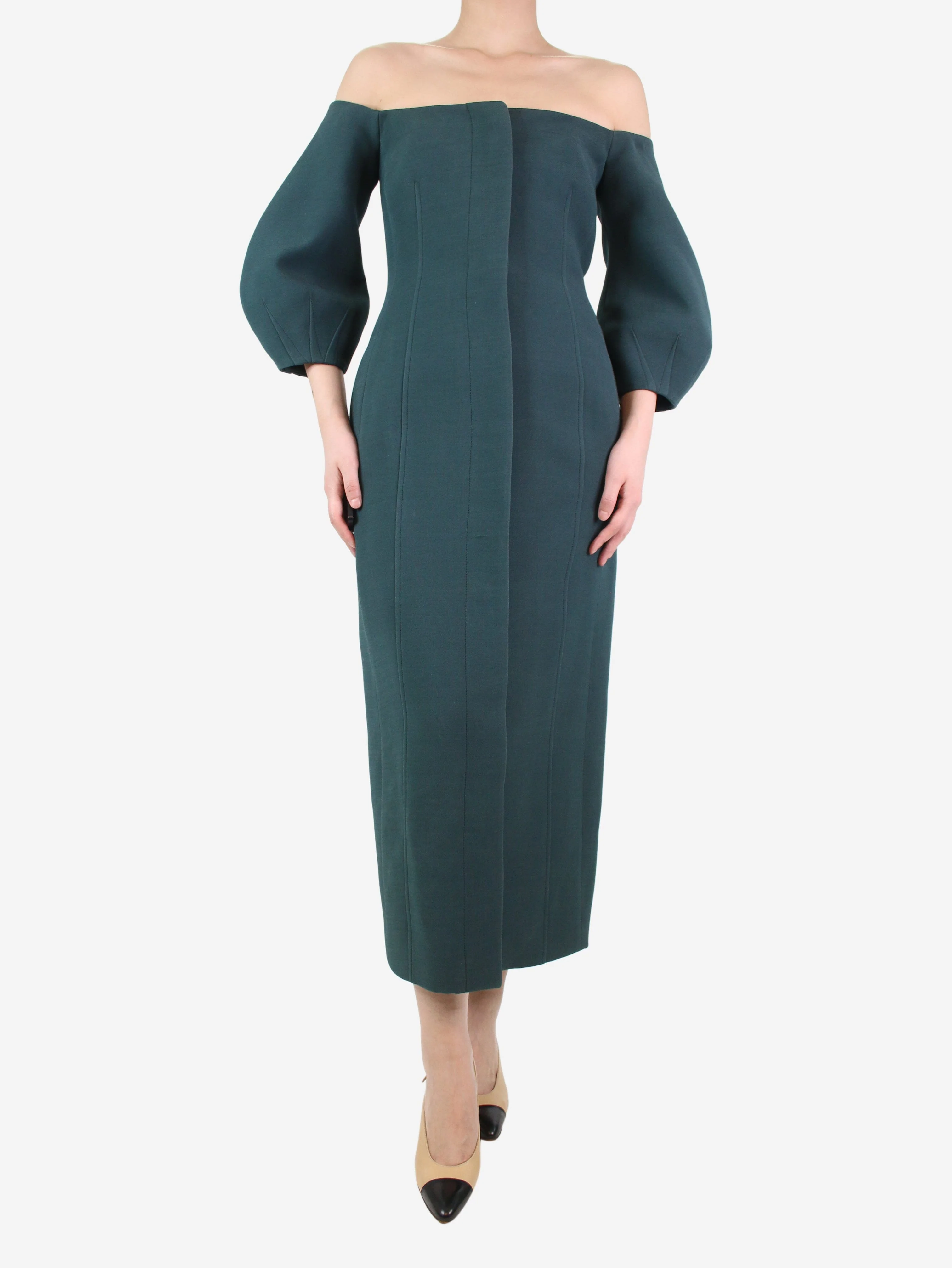 Green off-shoulder puff sleeve midi dress - size