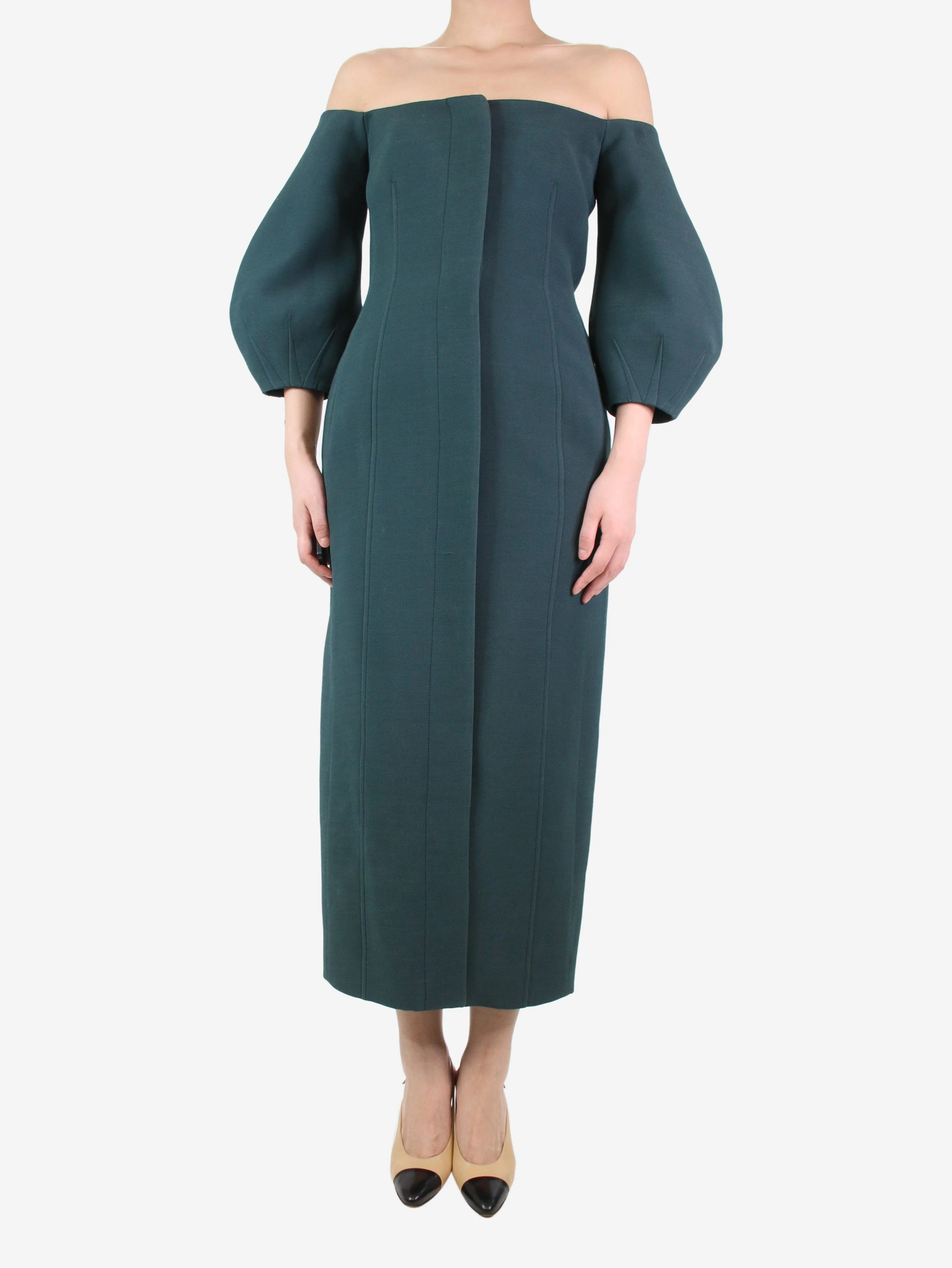 Green off-shoulder puff sleeve midi dress - size - Image 3