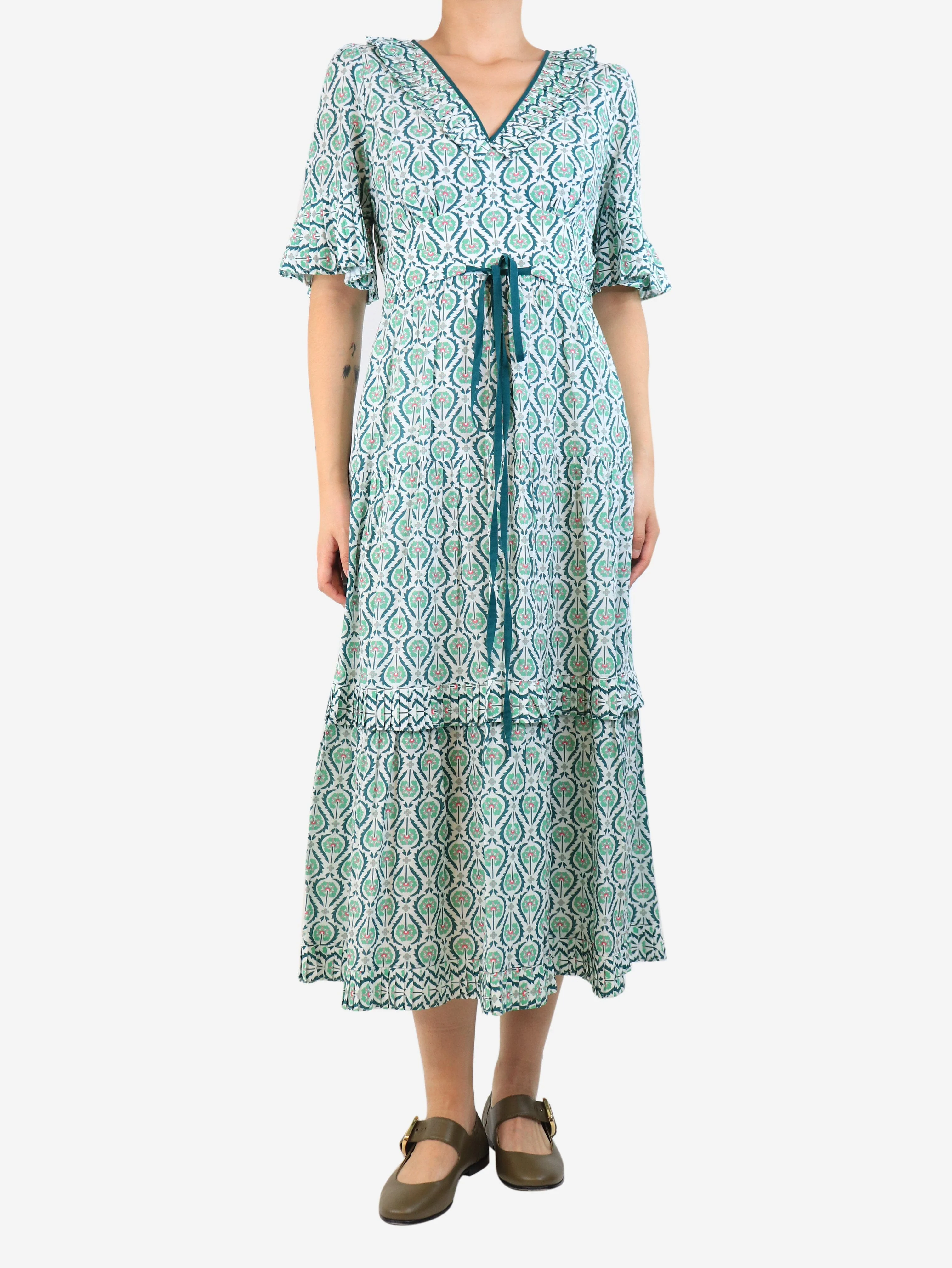 Green short sleeve tree print dress - size UK 10 - Image 3