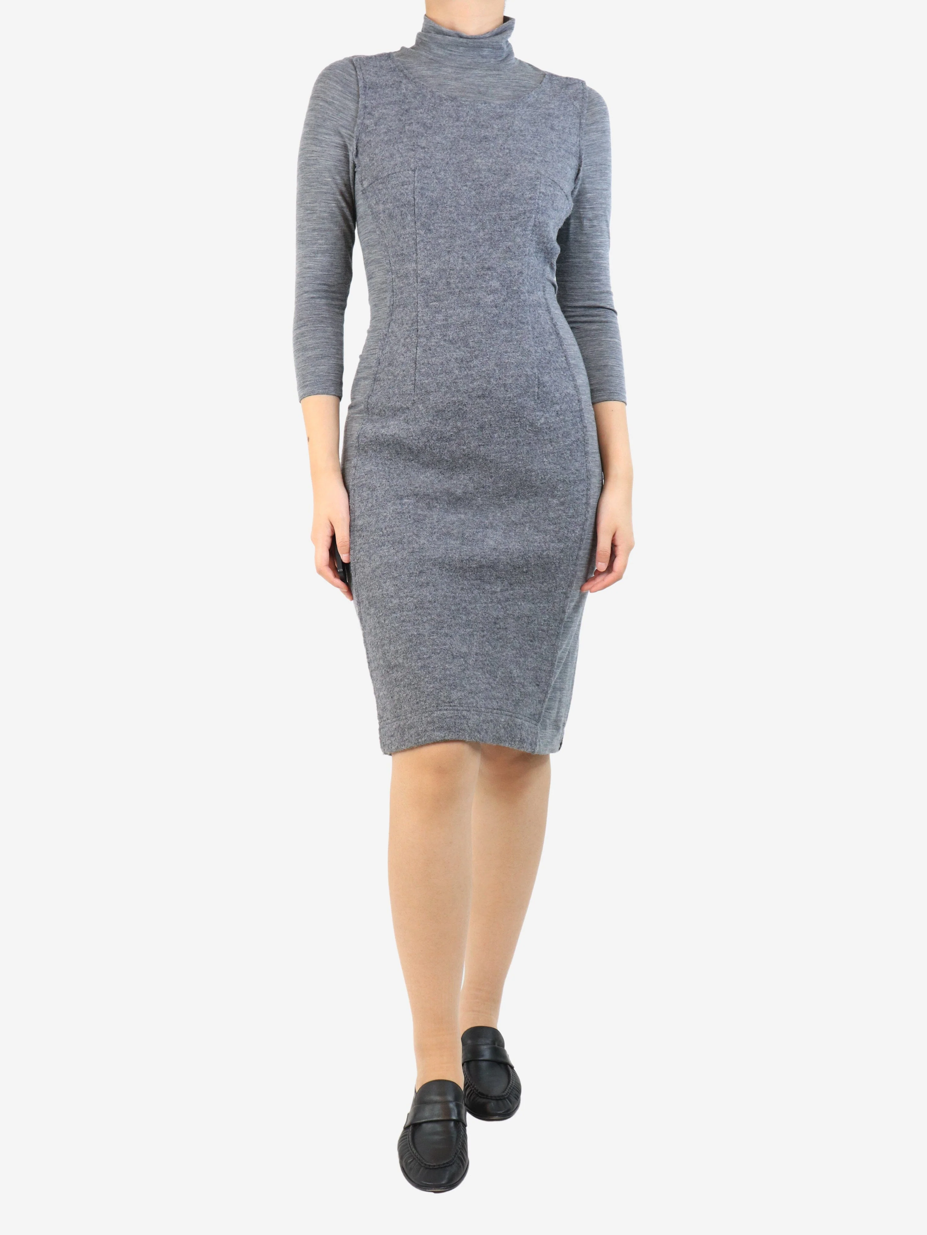 Grey mock-neck midi dress - size UK 8