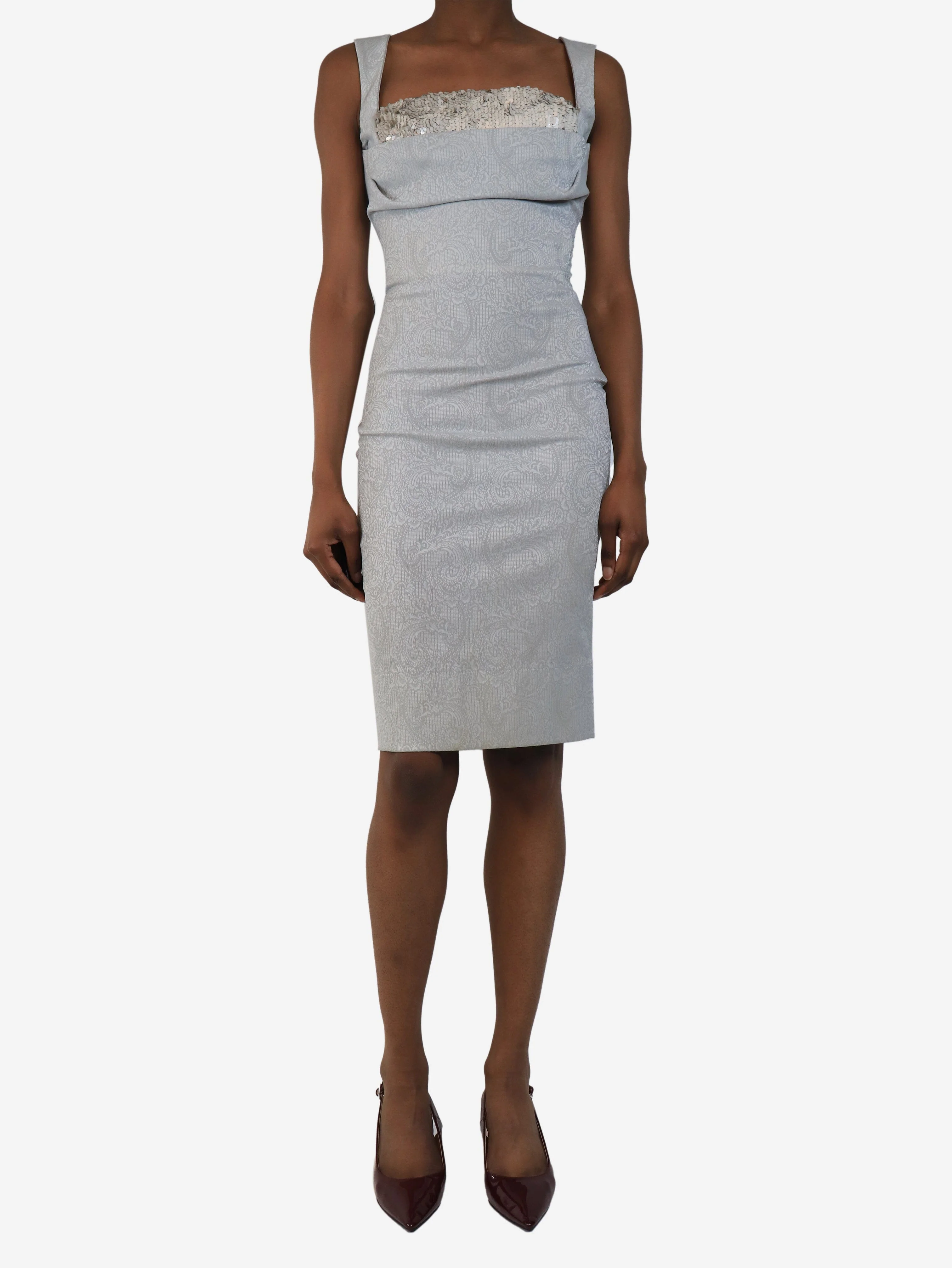 Grey paisley sequin corset-style midi dress - size UK 6 - Image 3