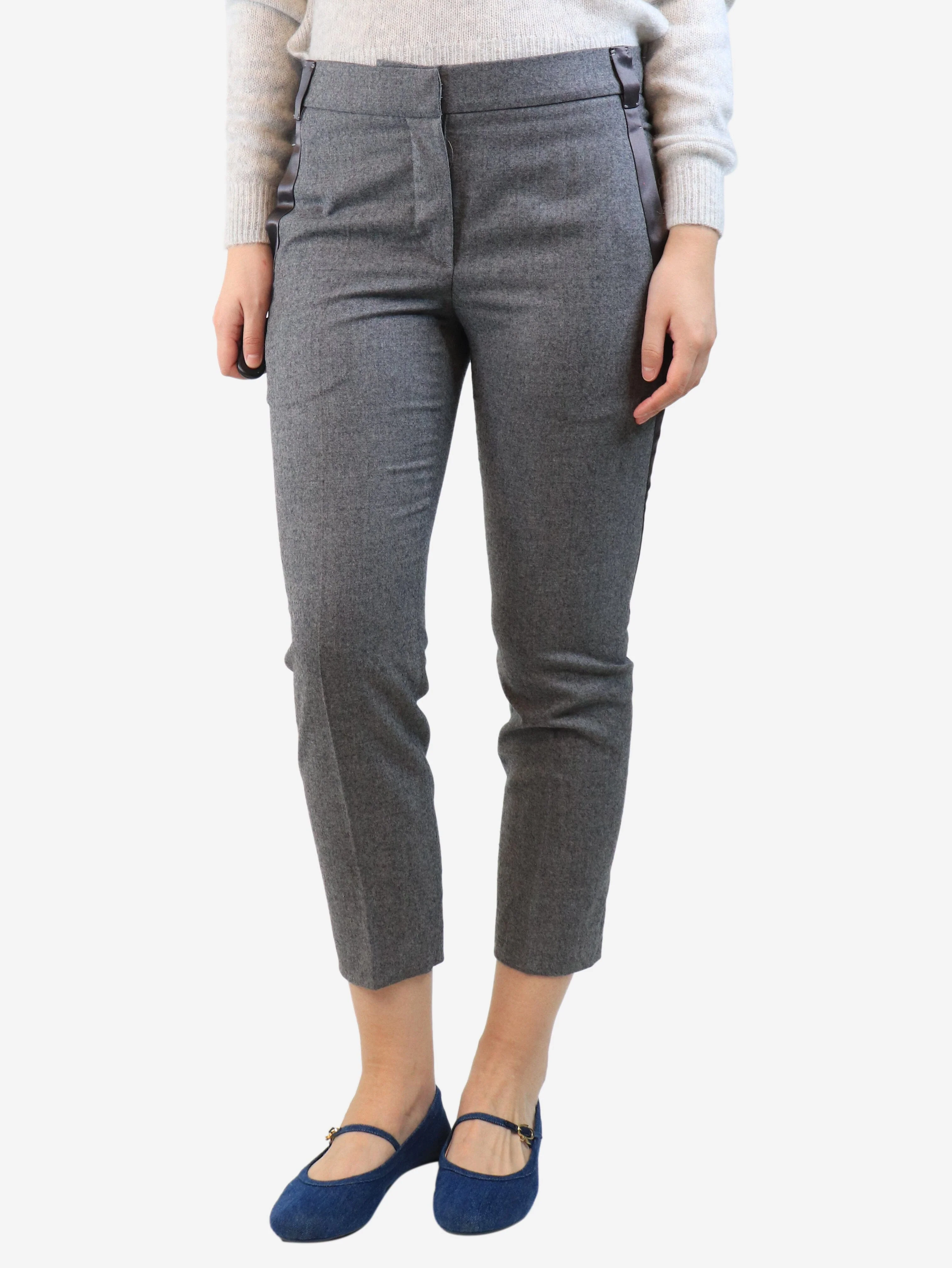 Grey satin-stripe wool trousers - size UK 10