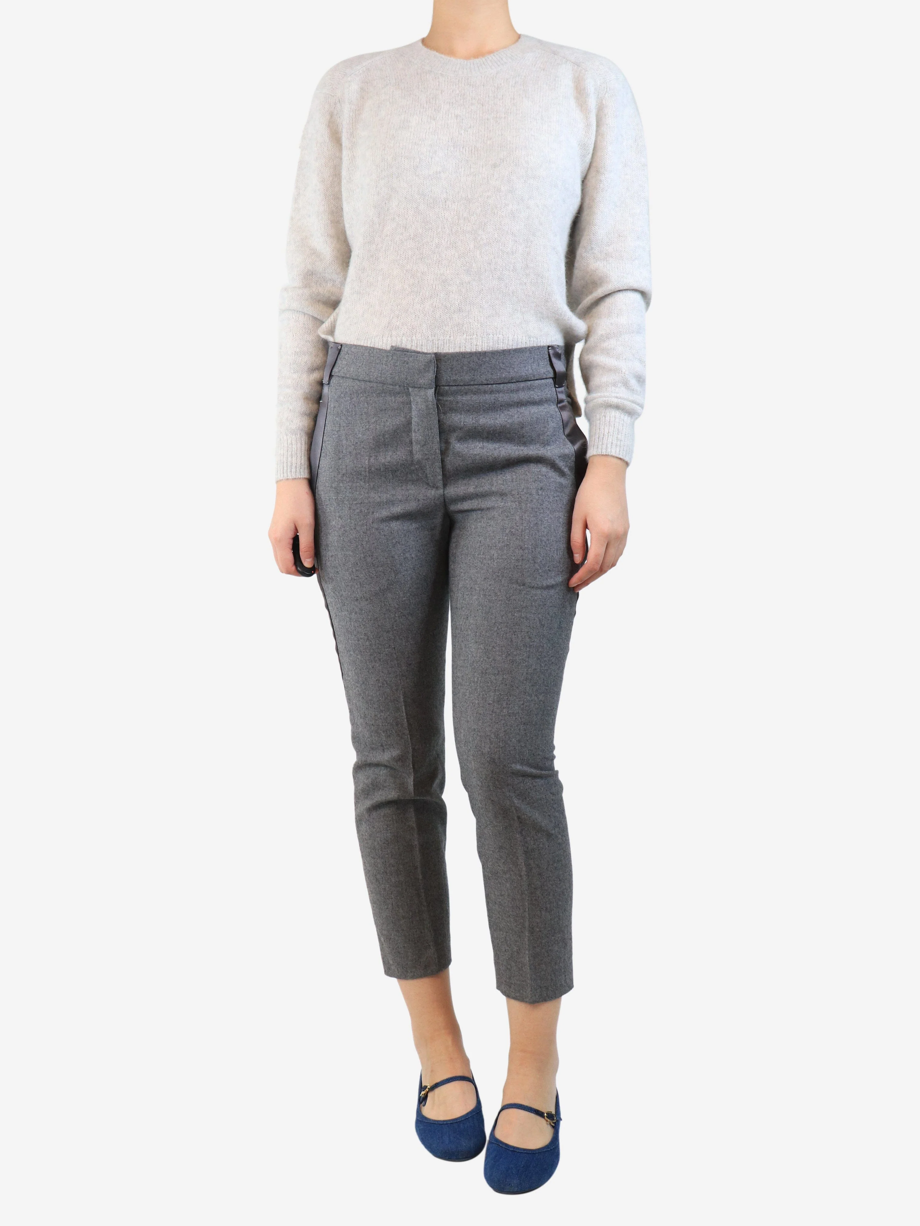 Grey satin-stripe wool trousers - size UK 10 - Image 2