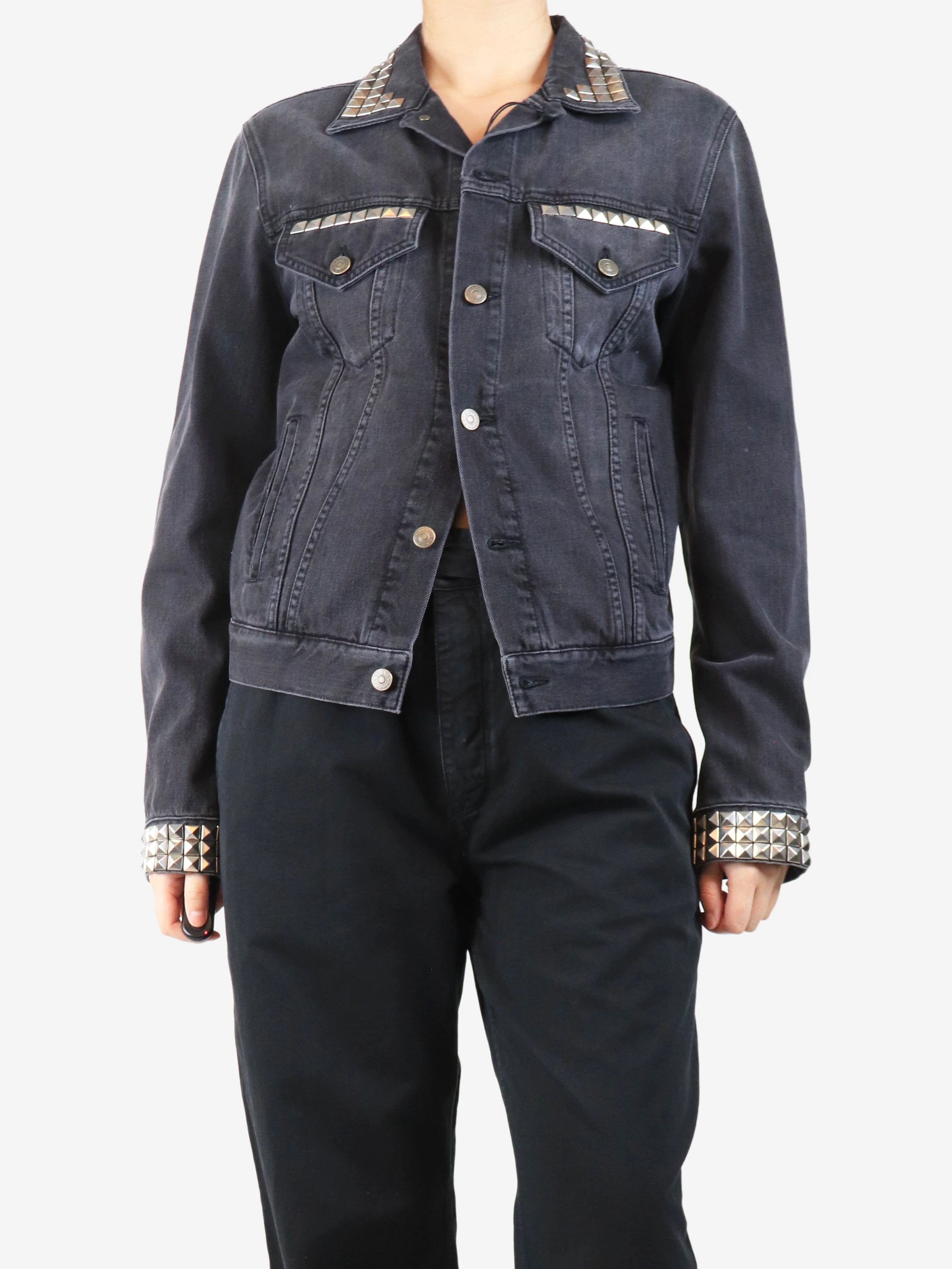 Black studded denim jacket - size UK 14