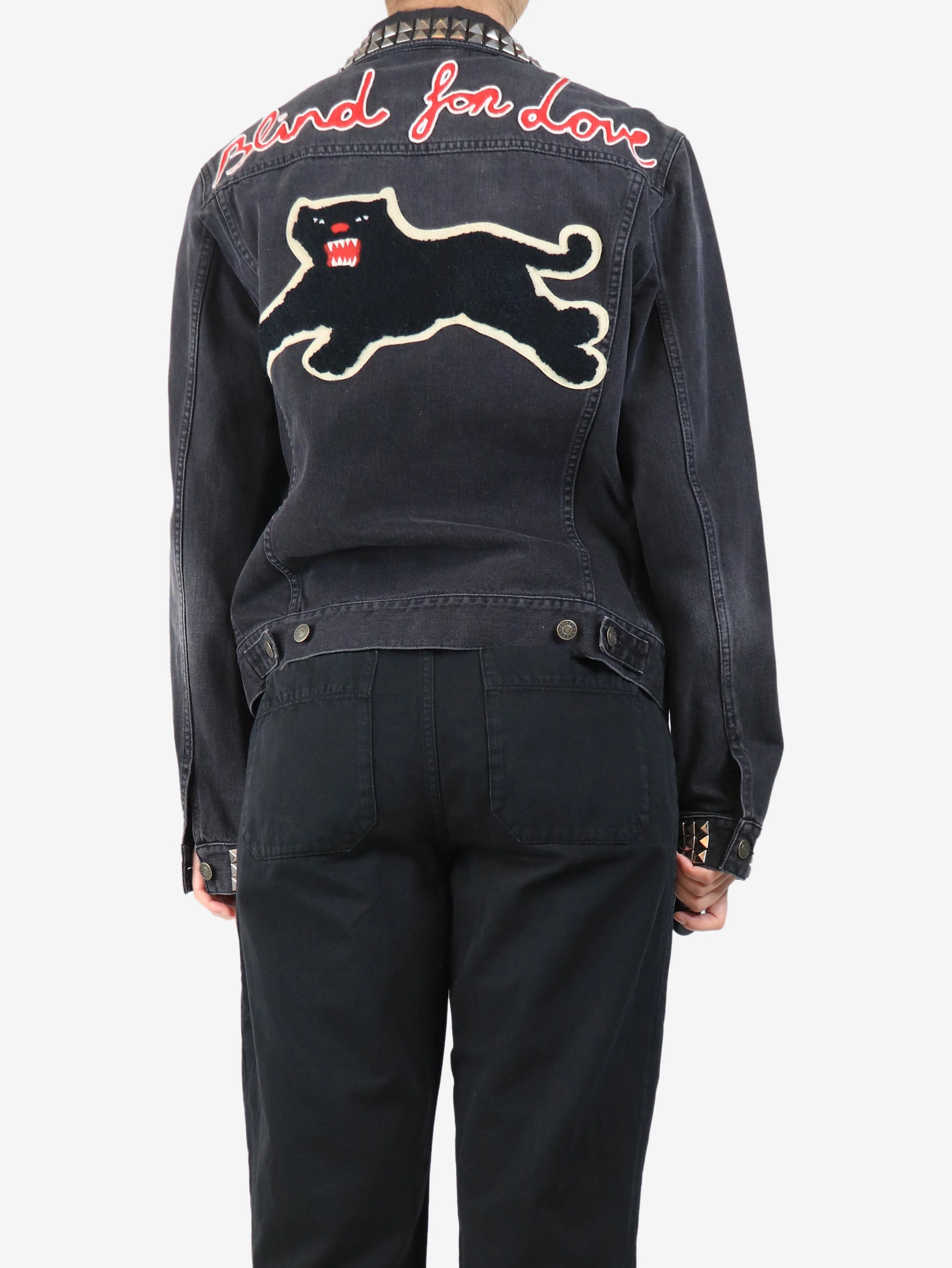 Black studded denim jacket - size UK 14 - Image 2