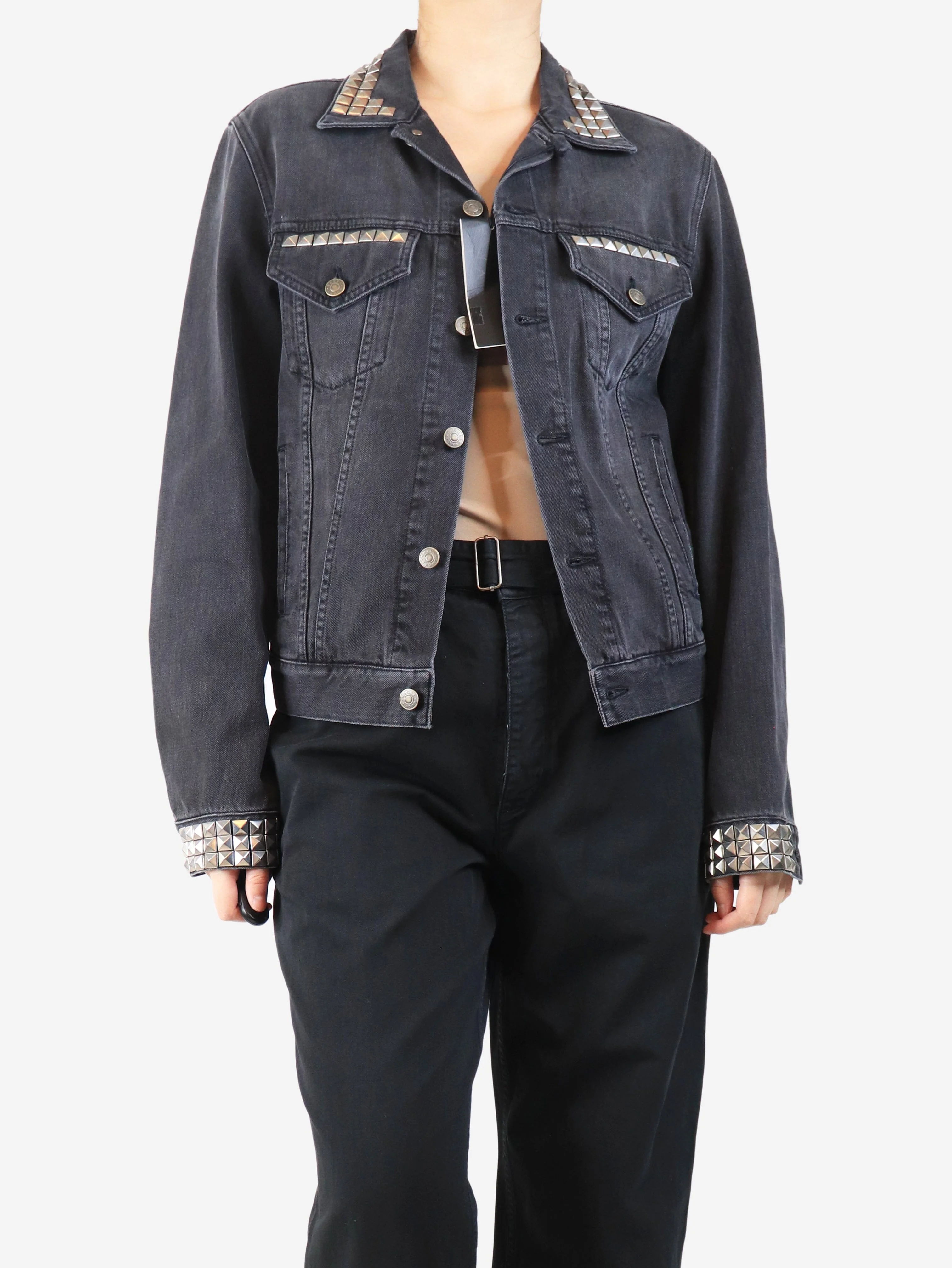 Black studded denim jacket - size UK 14 - Image 3