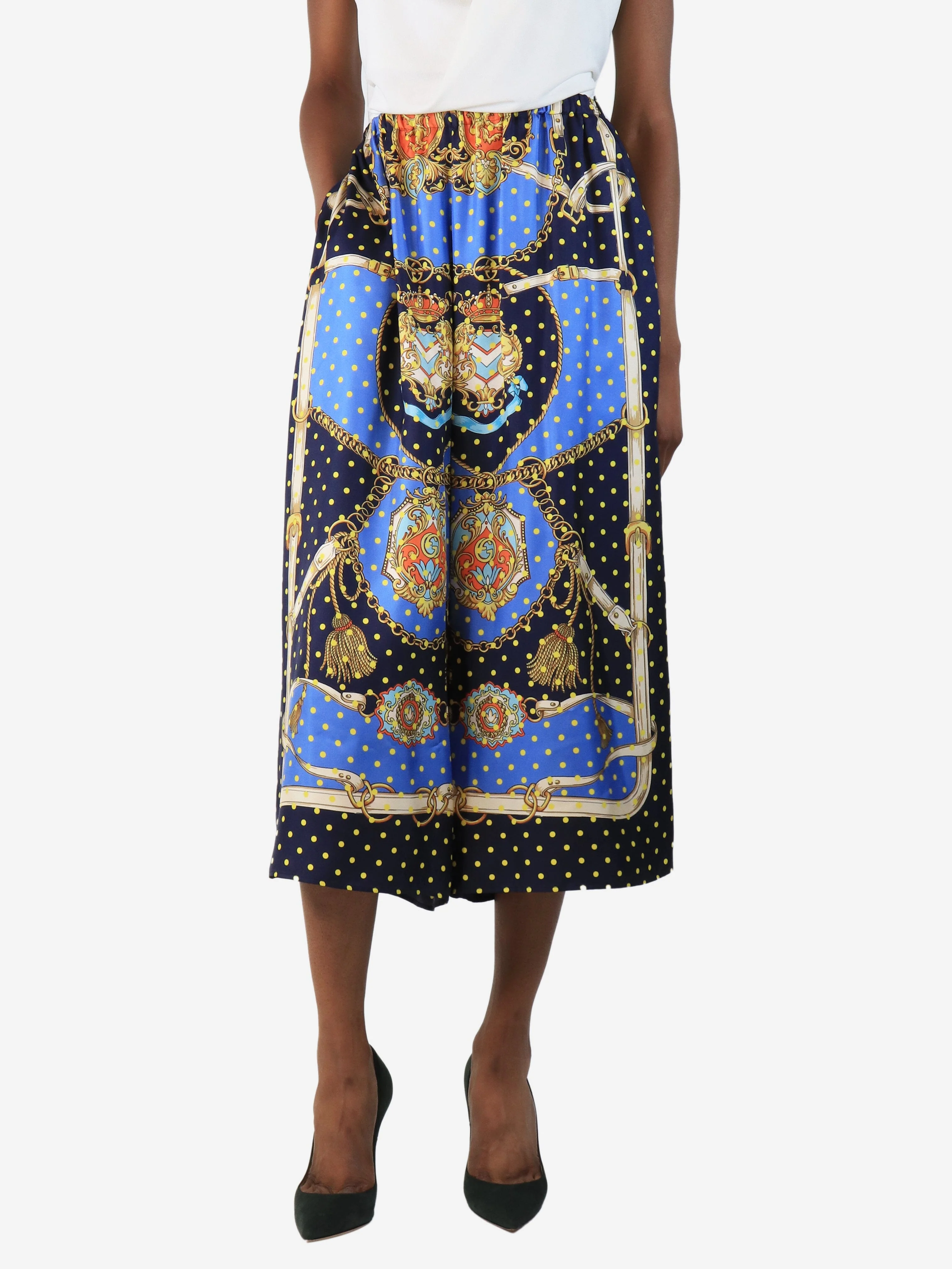 Blue silk printed midi trousers - size UK 4