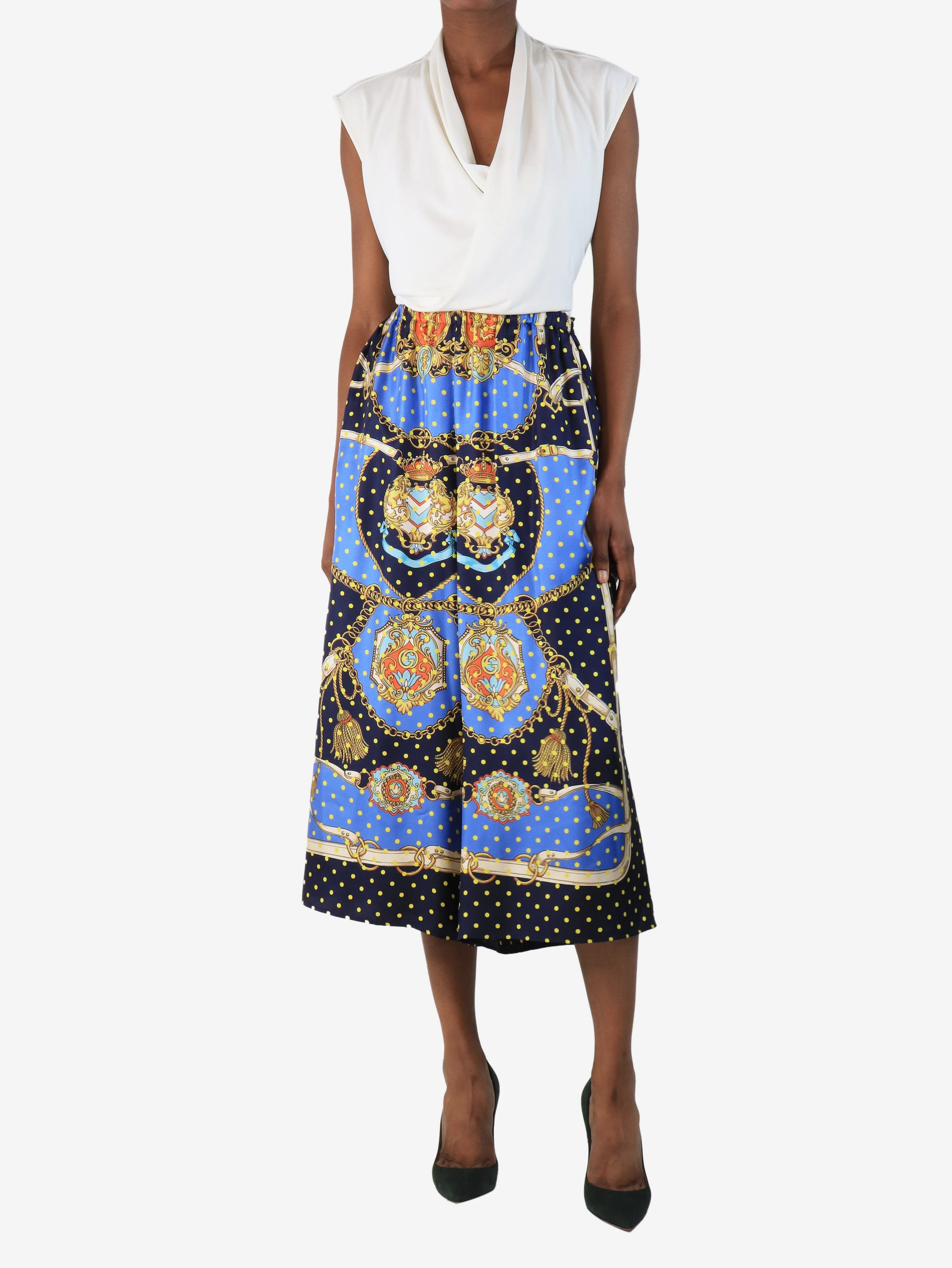 Blue silk printed midi trousers - size UK 4 - Image 2