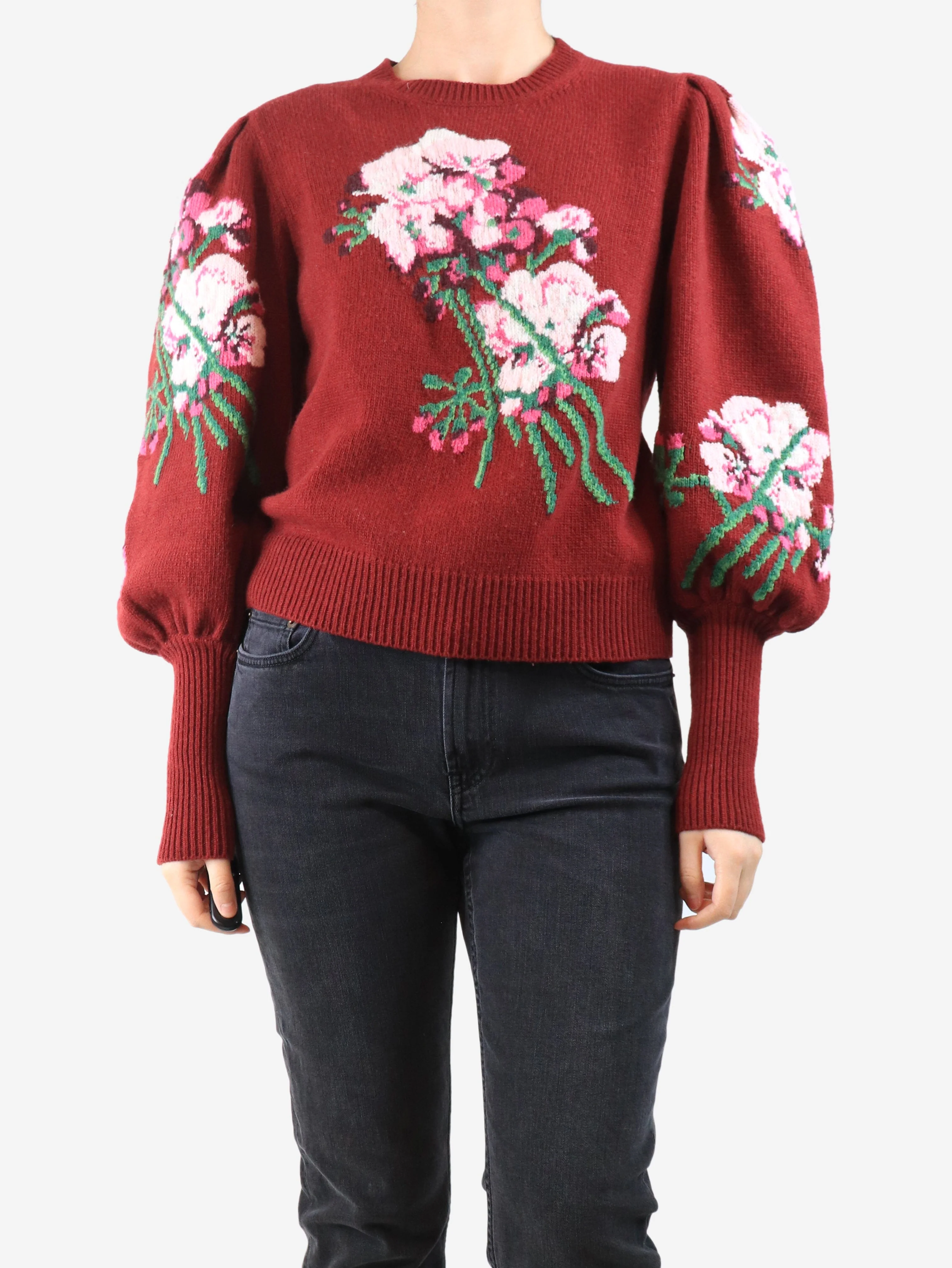Burgundy floral puff-sleeved jumper - size M
