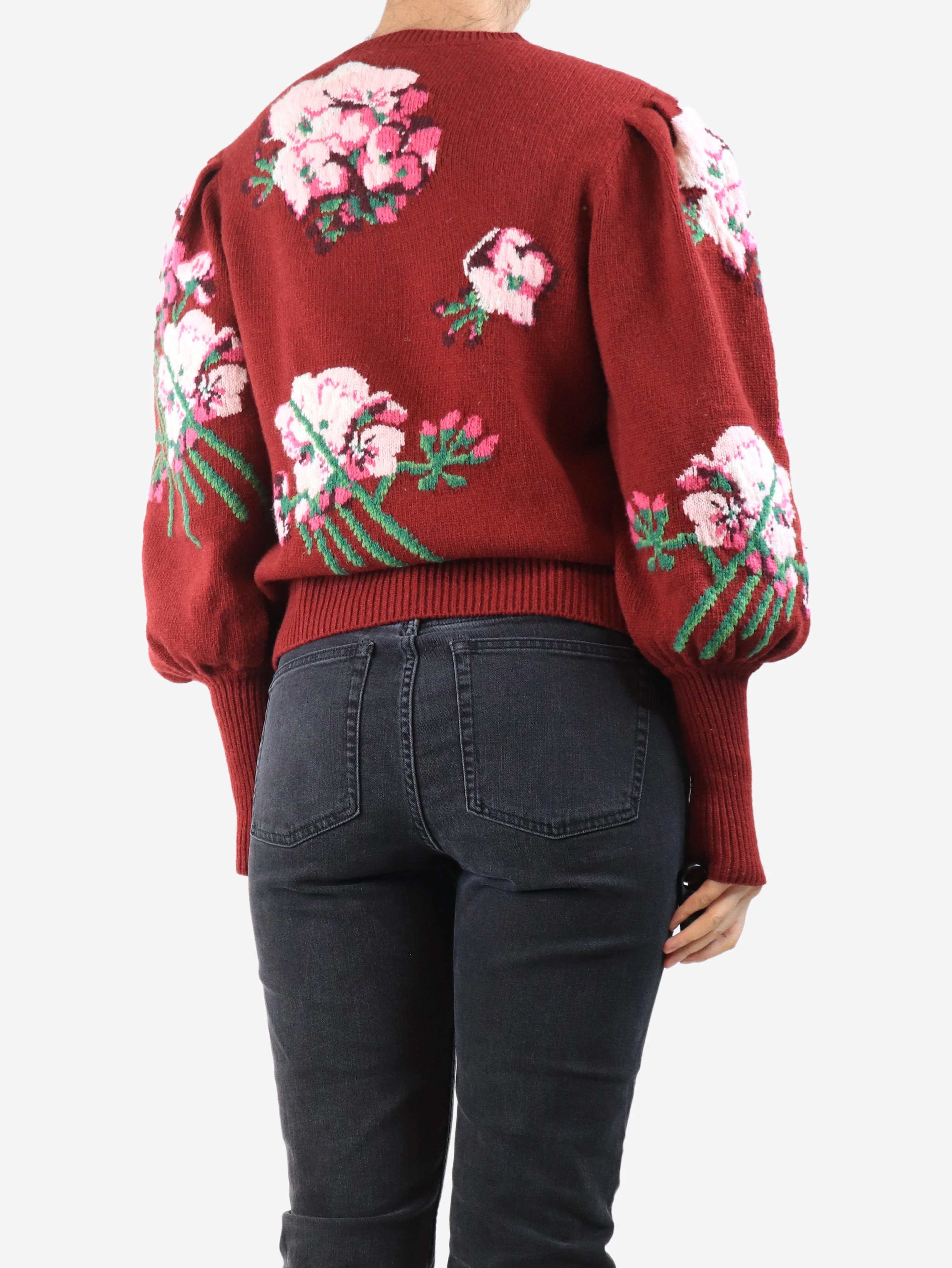 Burgundy floral puff-sleeved jumper - size M - Image 2