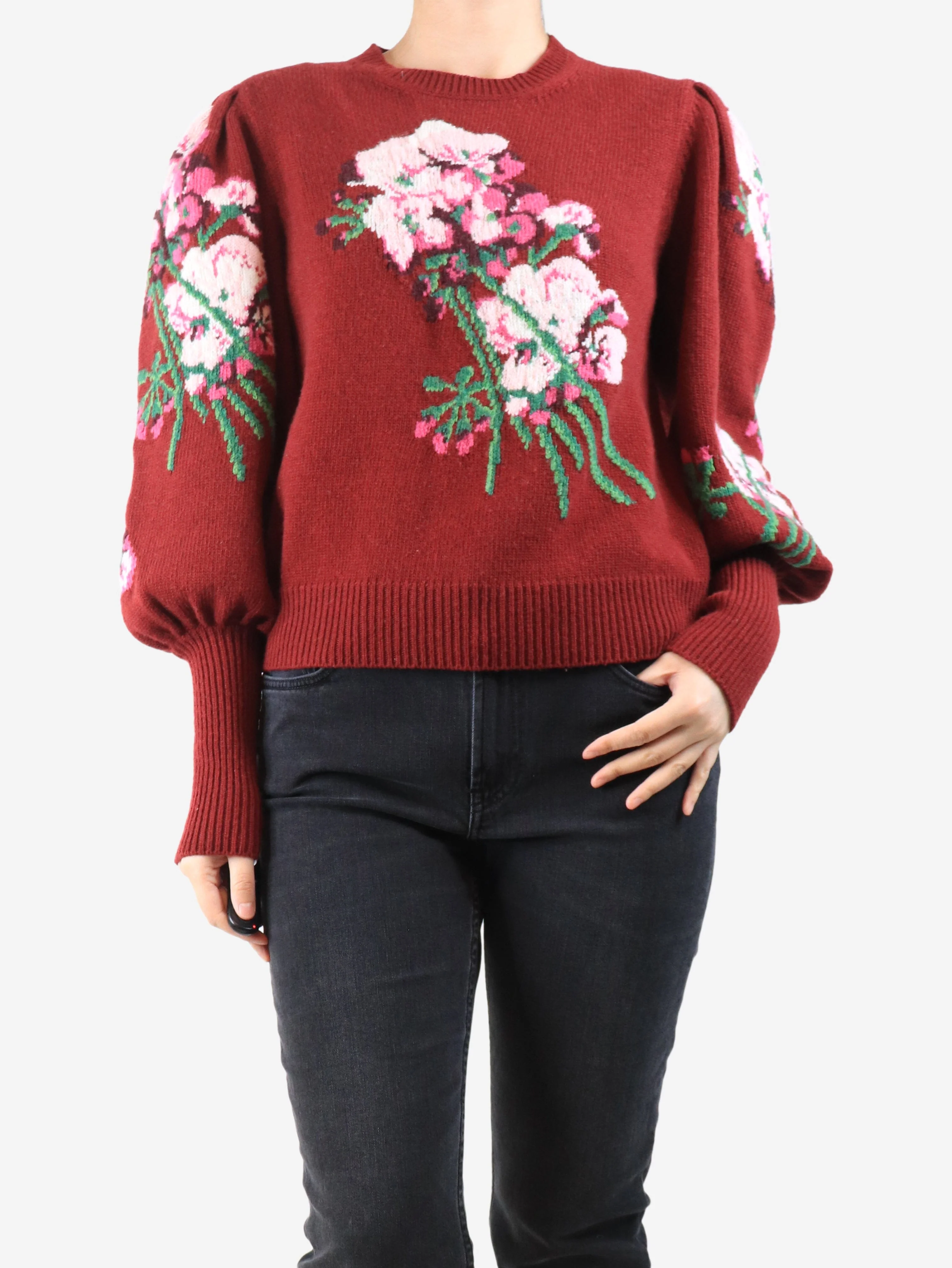Burgundy floral puff-sleeved jumper - size M - Image 3