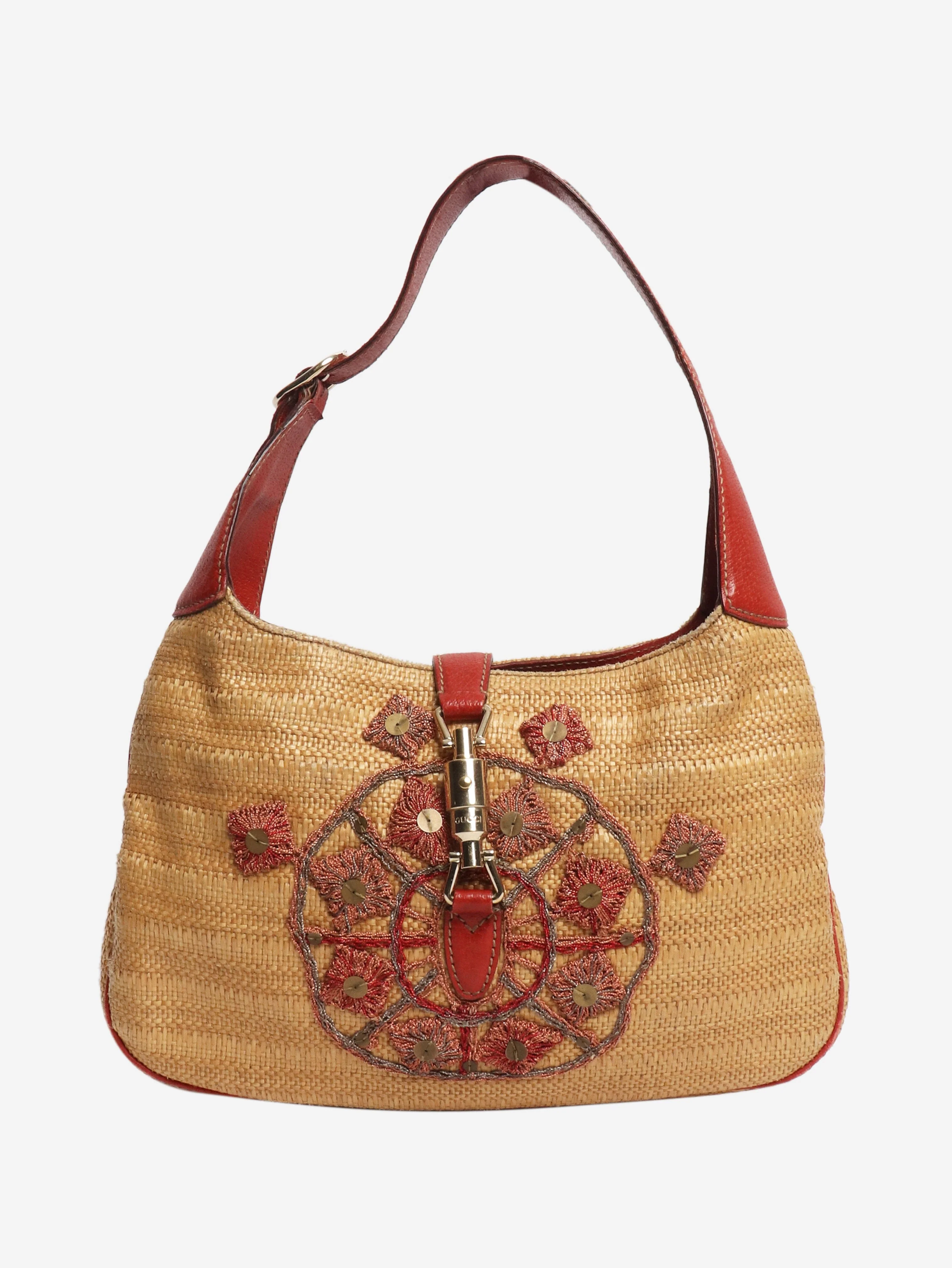 Neutral New Jackie straw and leather shoulder bag