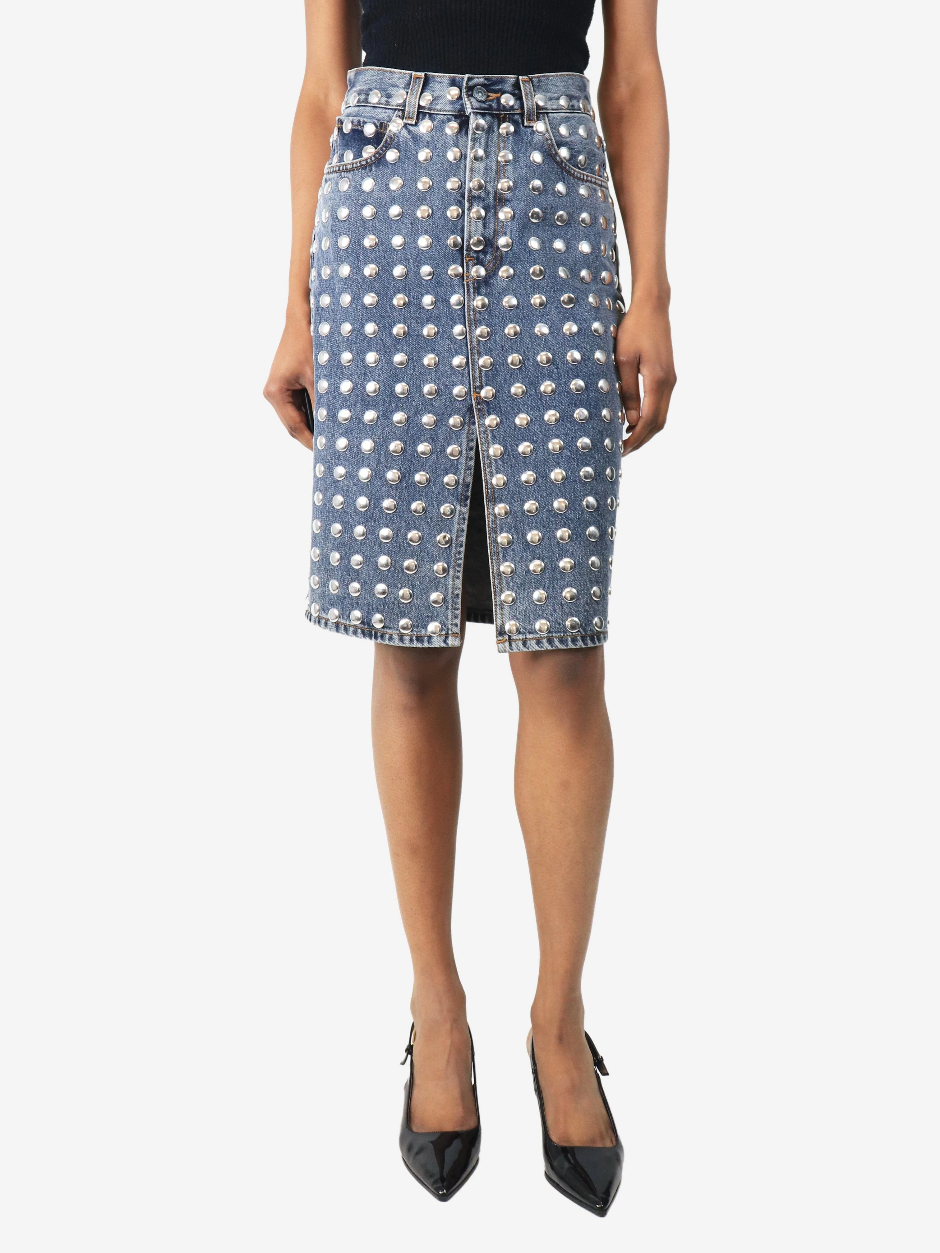 Blue studded denim midi skirt - size UK 8