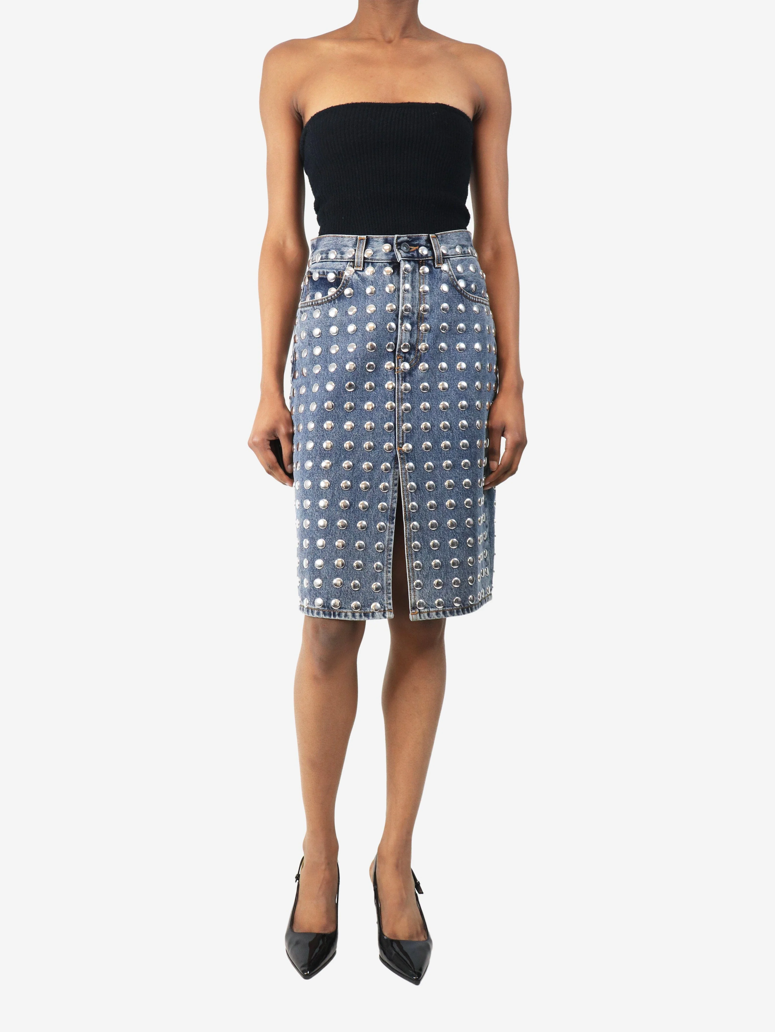 Blue studded denim midi skirt - size UK 8 - Image 2
