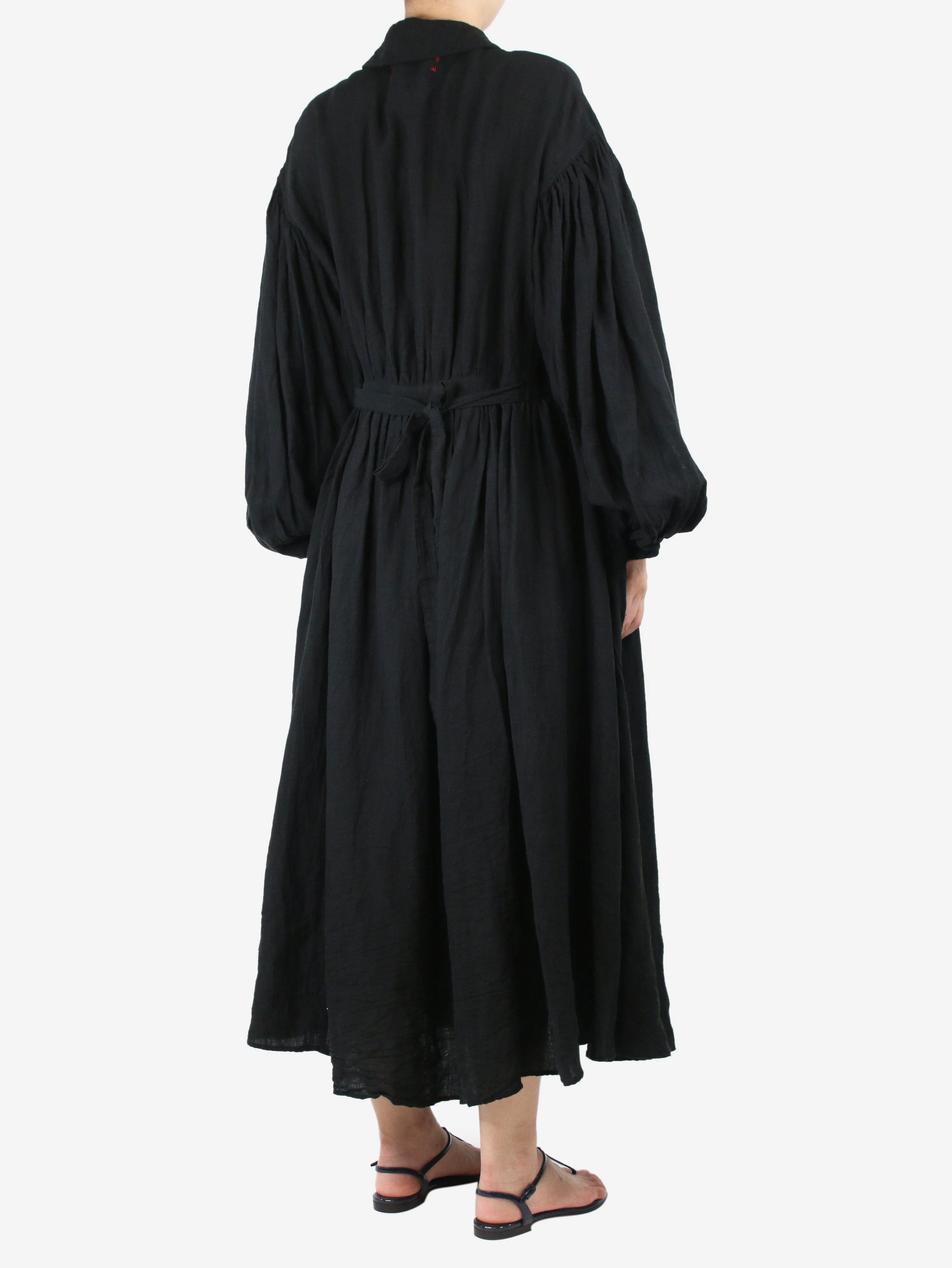 Black puff-sleeve belted linen midi dress - size UK 10 - Image 2