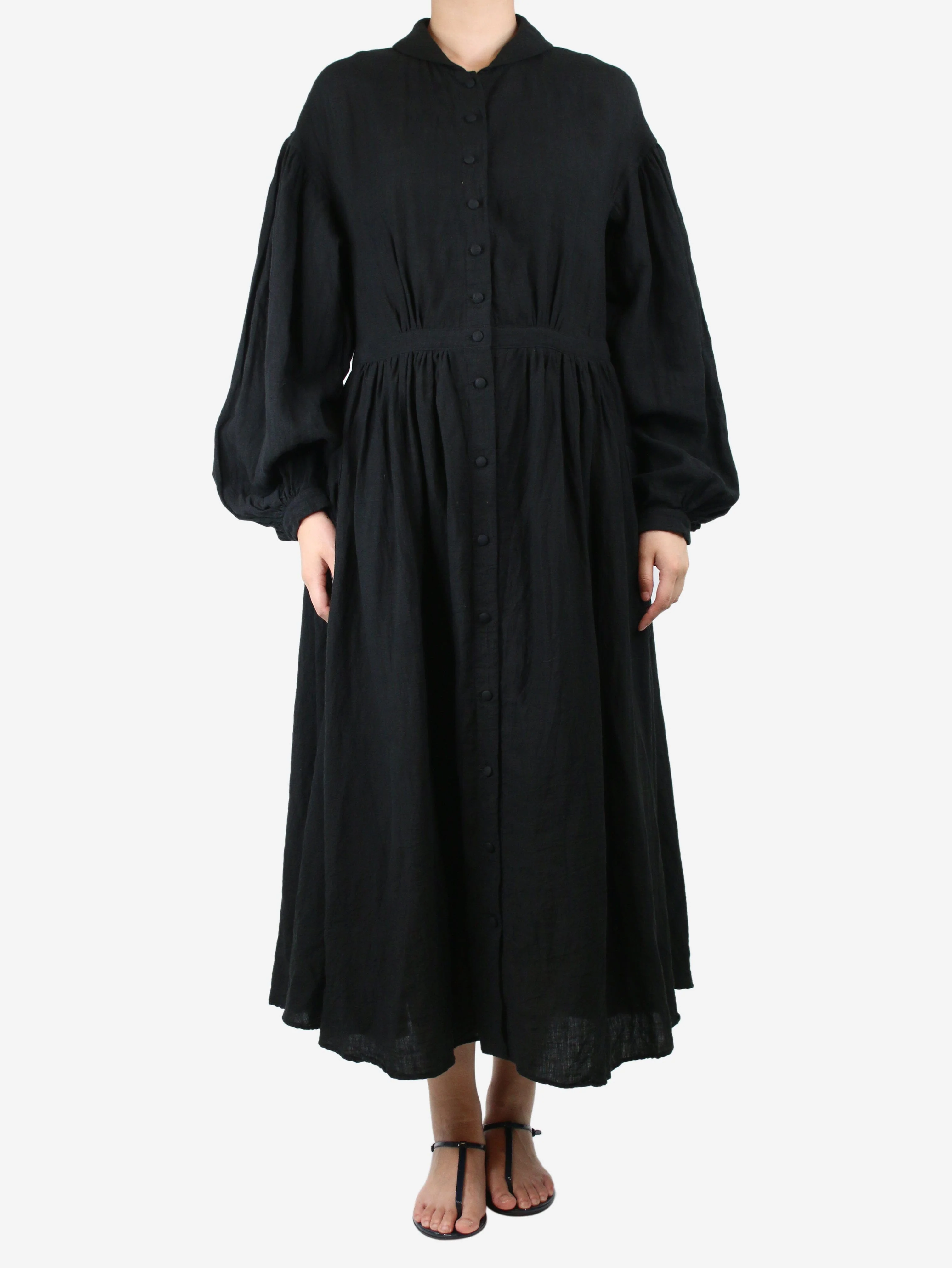 Black puff-sleeve belted linen midi dress - size UK 10 - Image 3