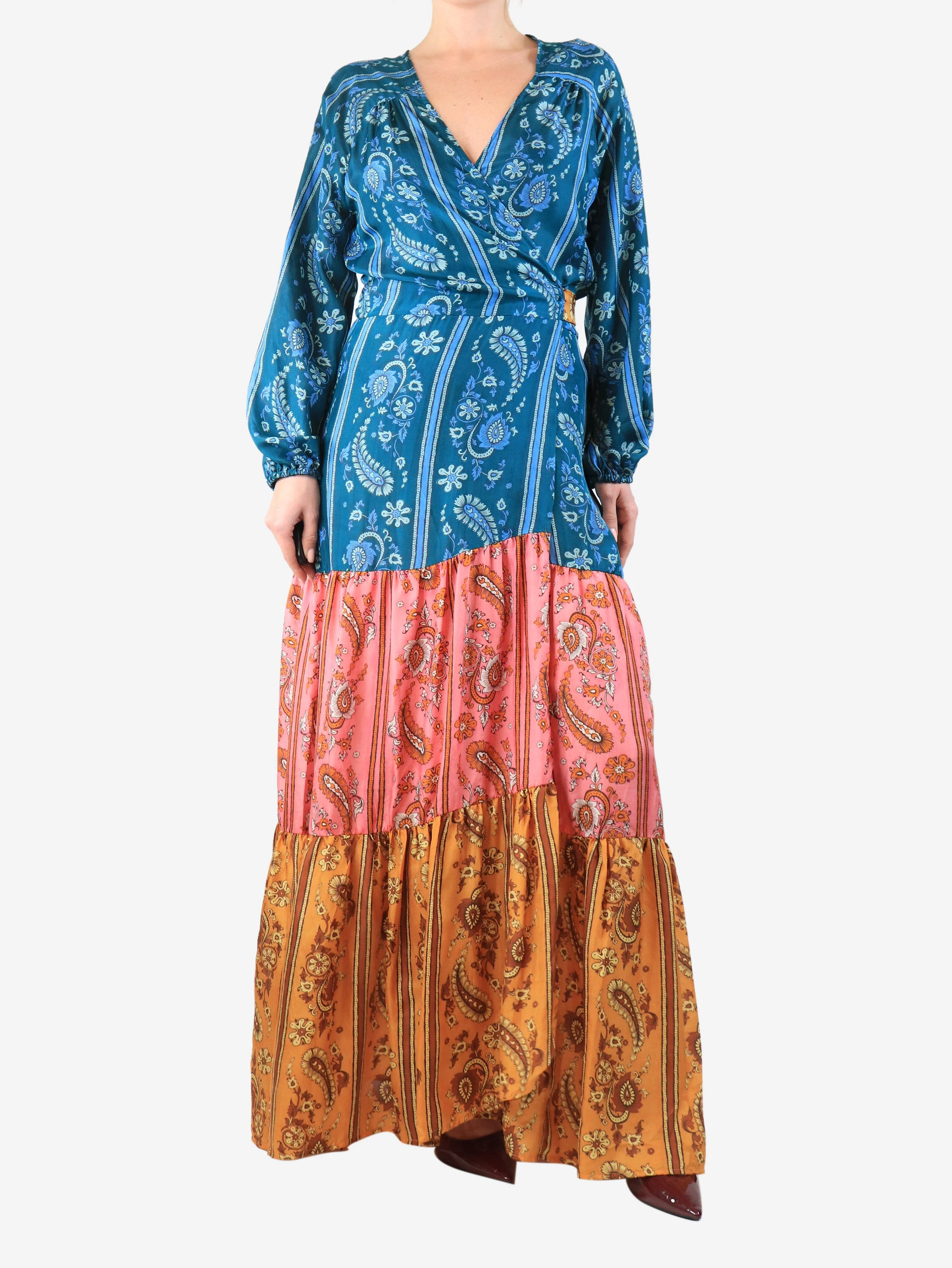 Multicolour silk paisley printed wrap dress - size UK 10