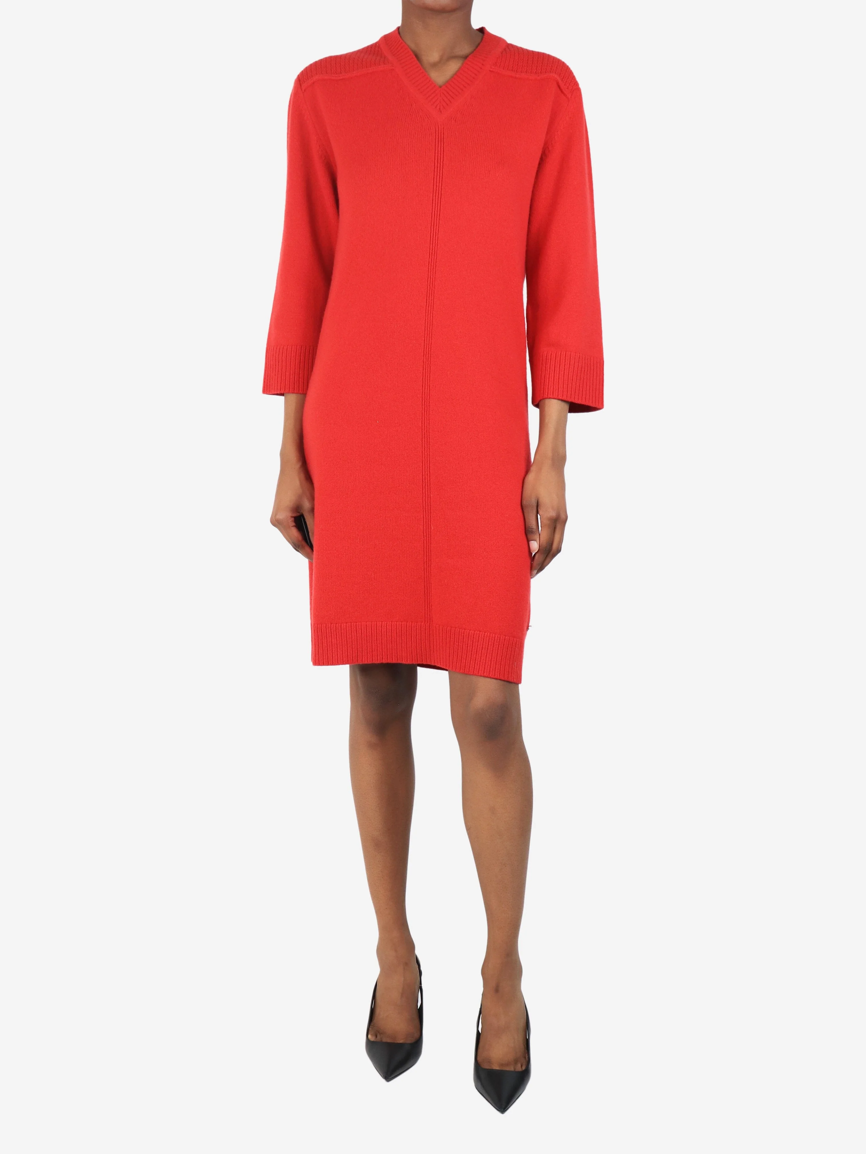 Red cashmere v-neck midi dress - size UK 6