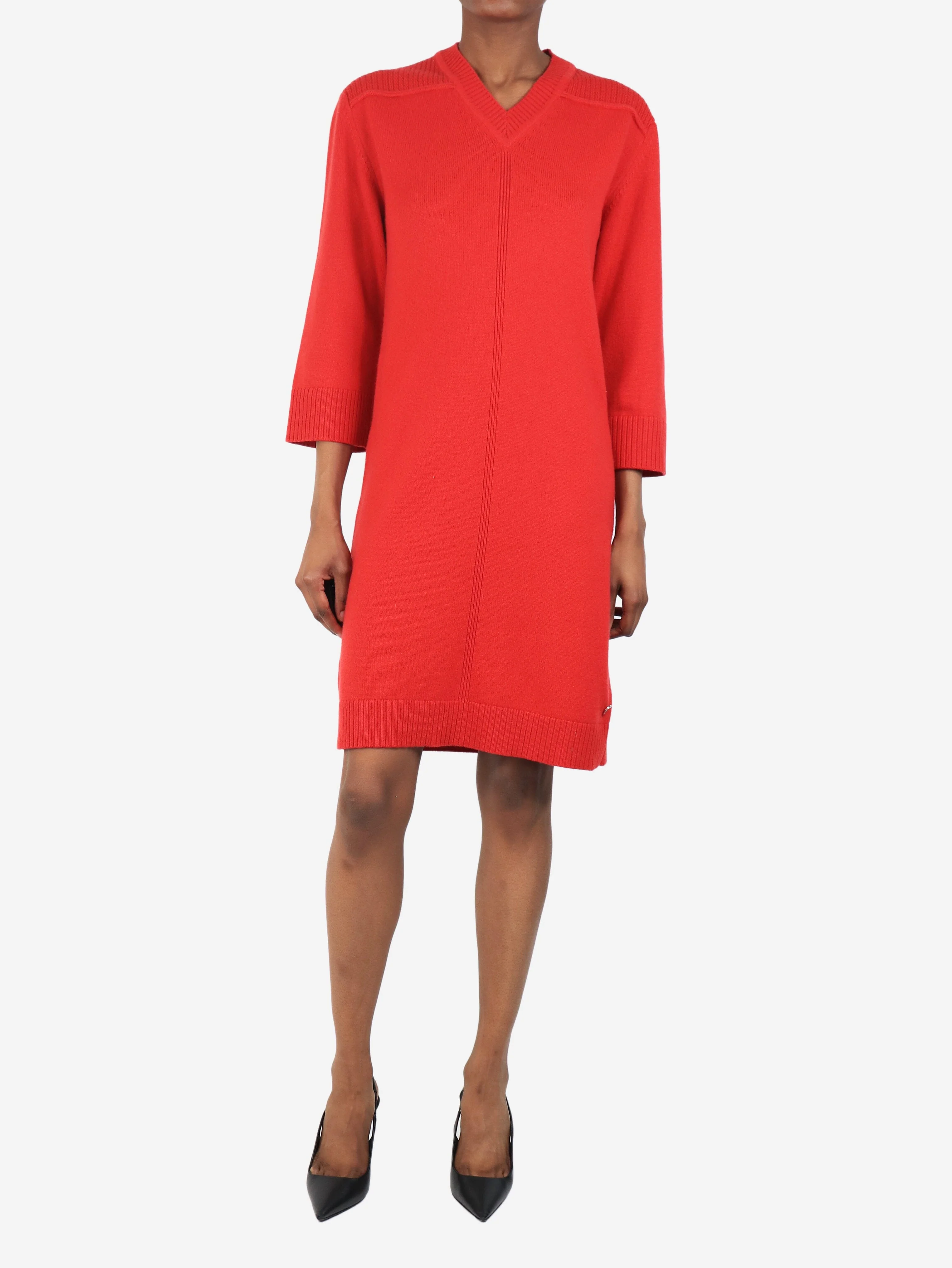 Red cashmere v-neck midi dress - size UK 6 - Image 3