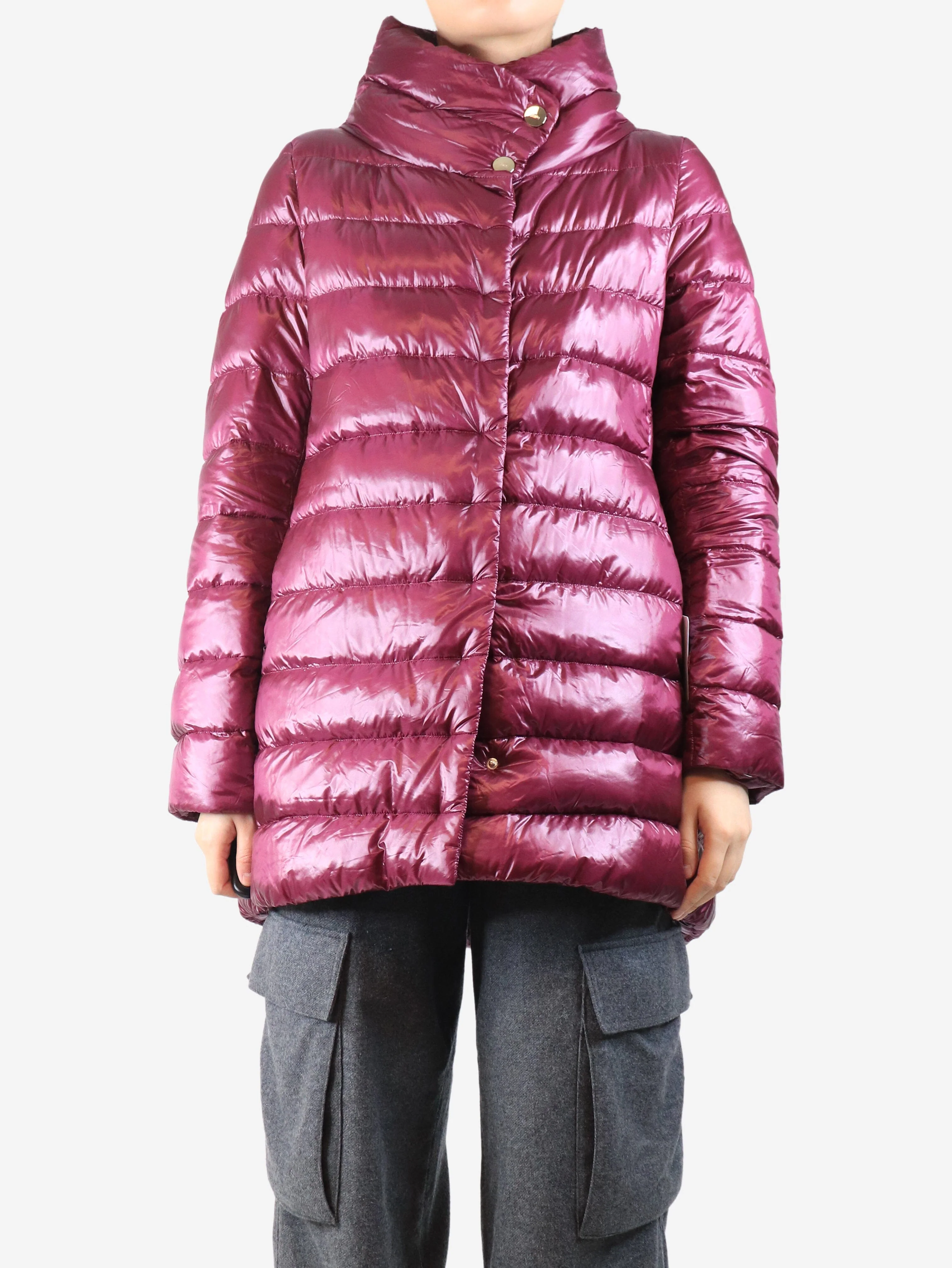 Purple mid-length puffer jacket - size UK 14