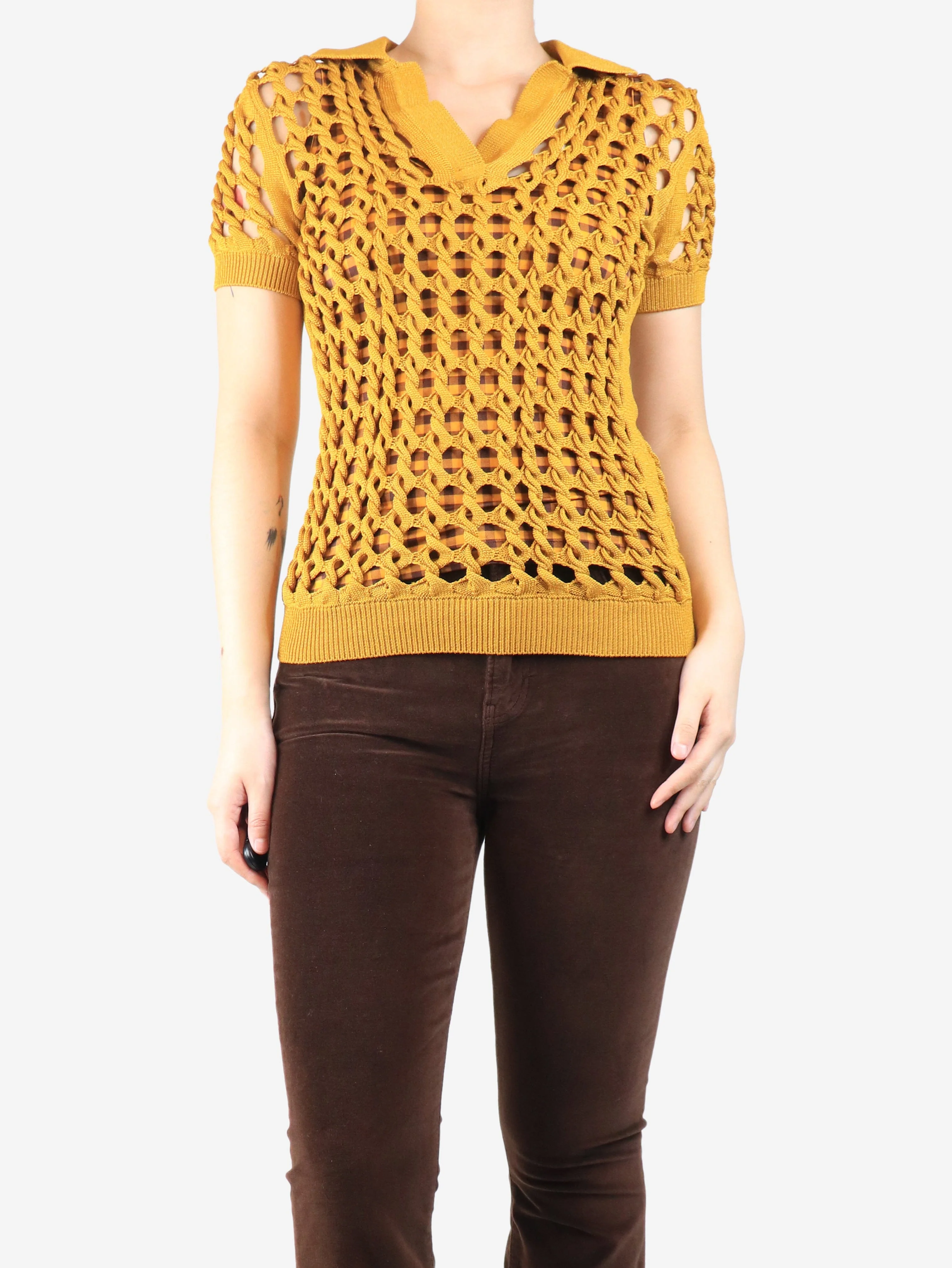 Honey mustard crochet-knit polo shirt two piece - size UK 10 - Image 3