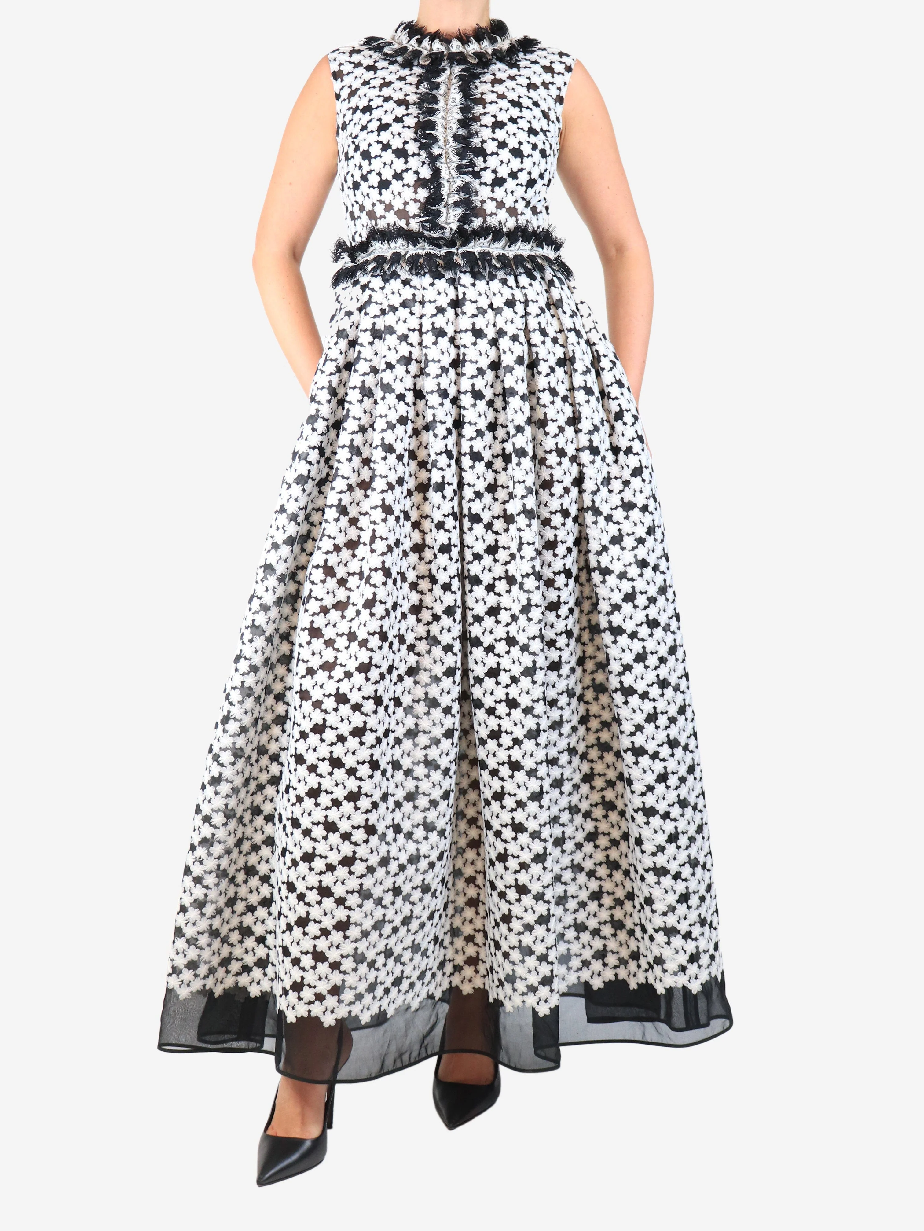 Black sleeveless floral applique maxi dress - size UK 10