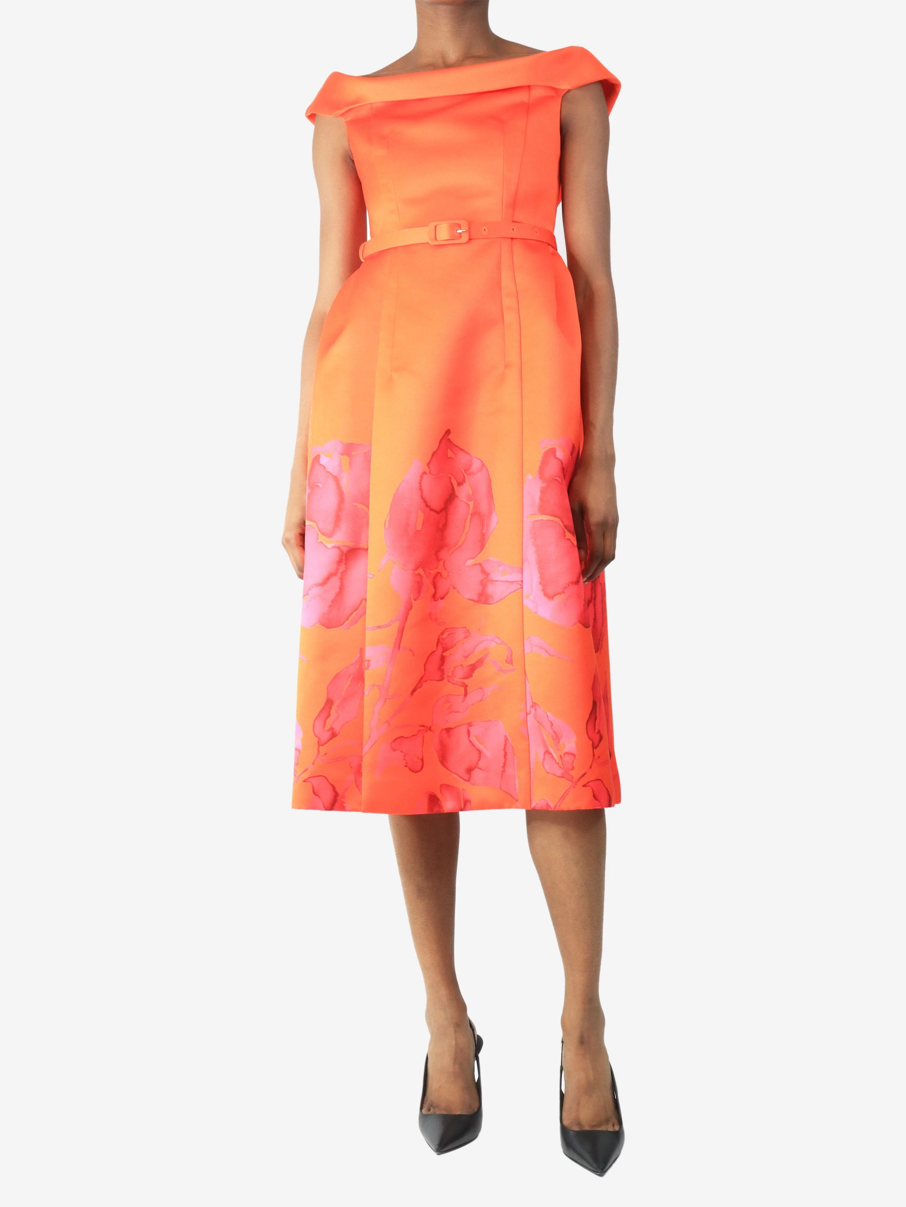 Orange off-shoulder watercolour floral midi dress - size UK 8