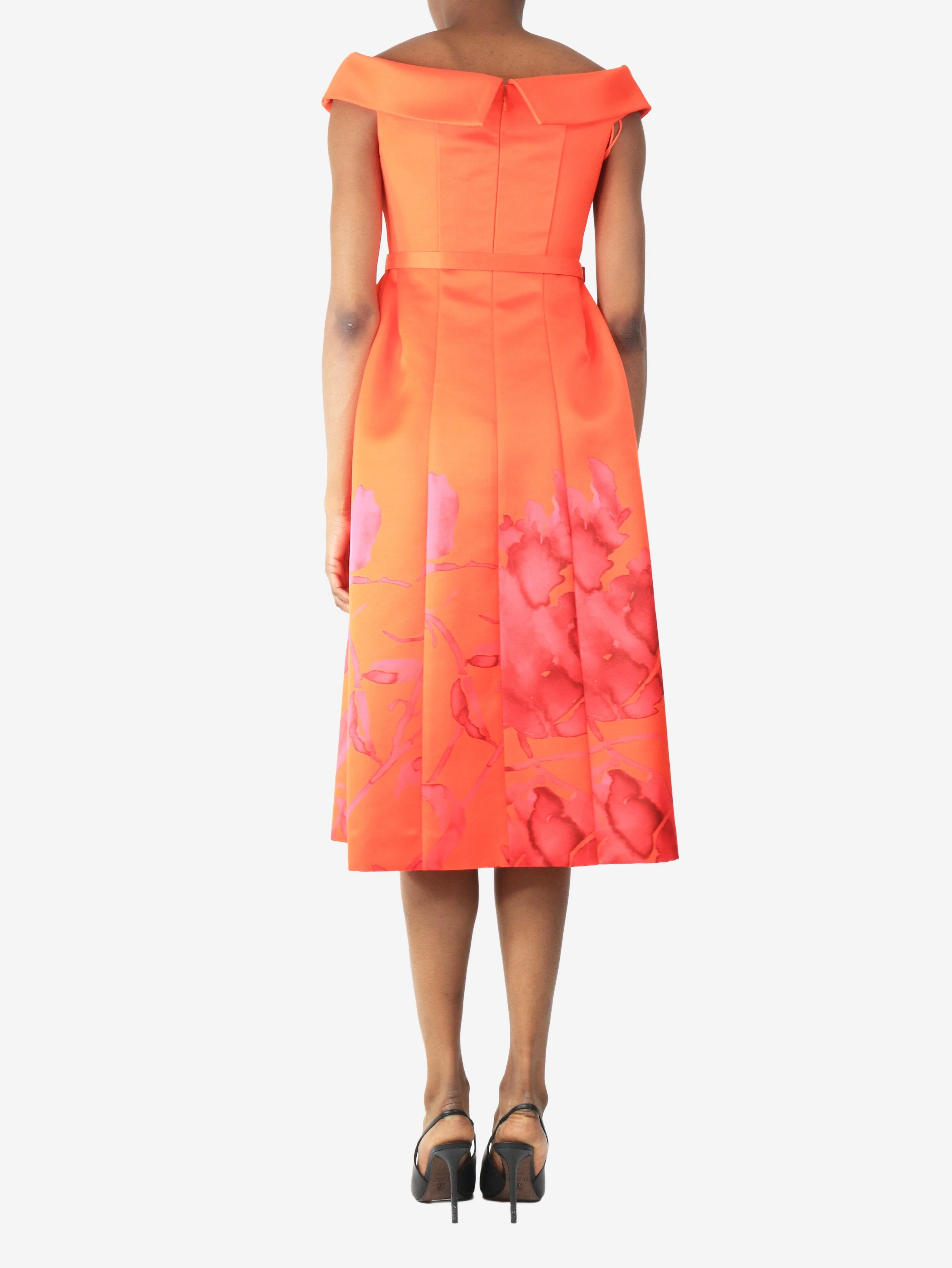 Orange off-shoulder watercolour floral midi dress - size UK 8 - Image 2