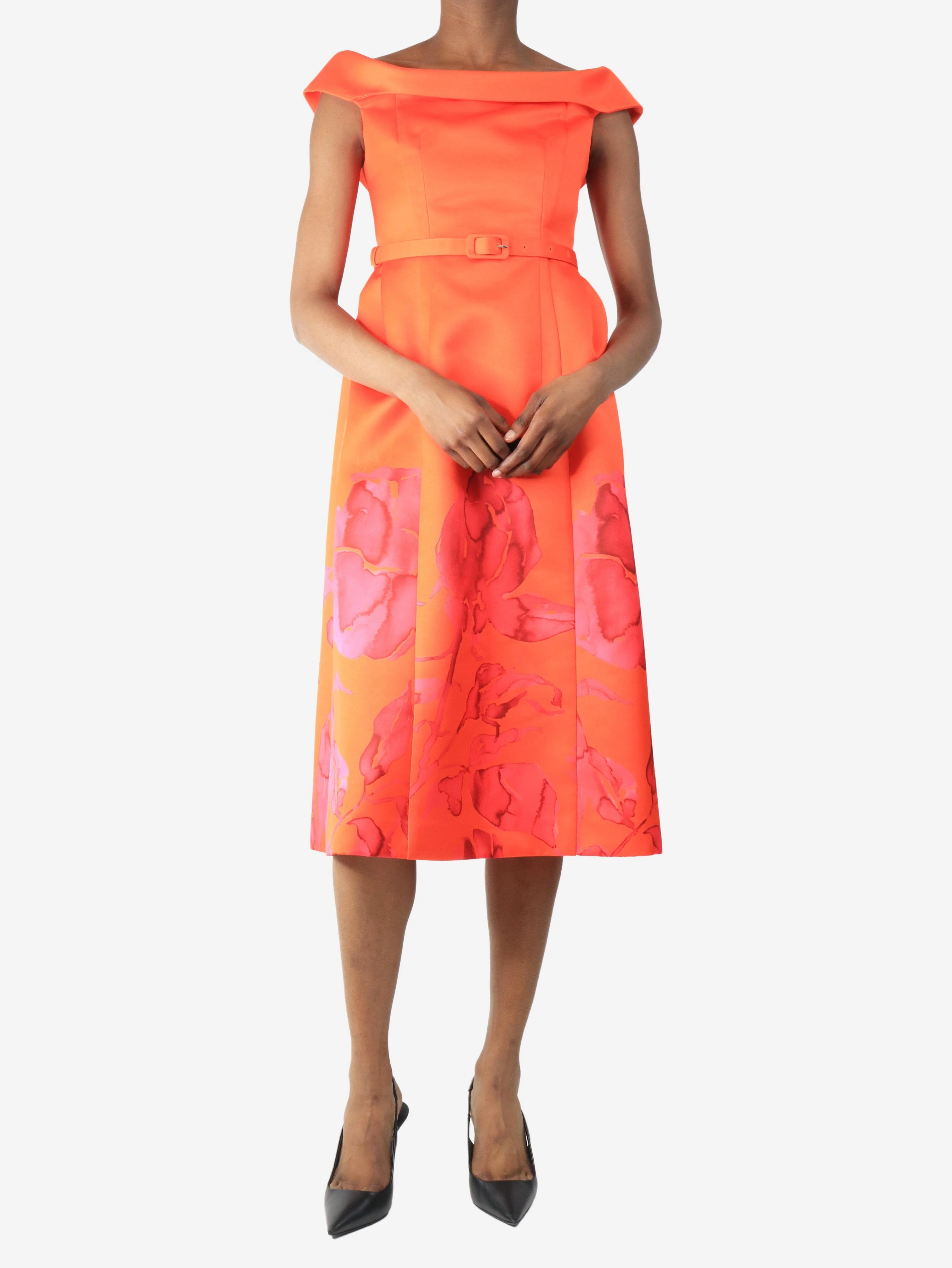 Orange off-shoulder watercolour floral midi dress - size UK 8 - Image 3