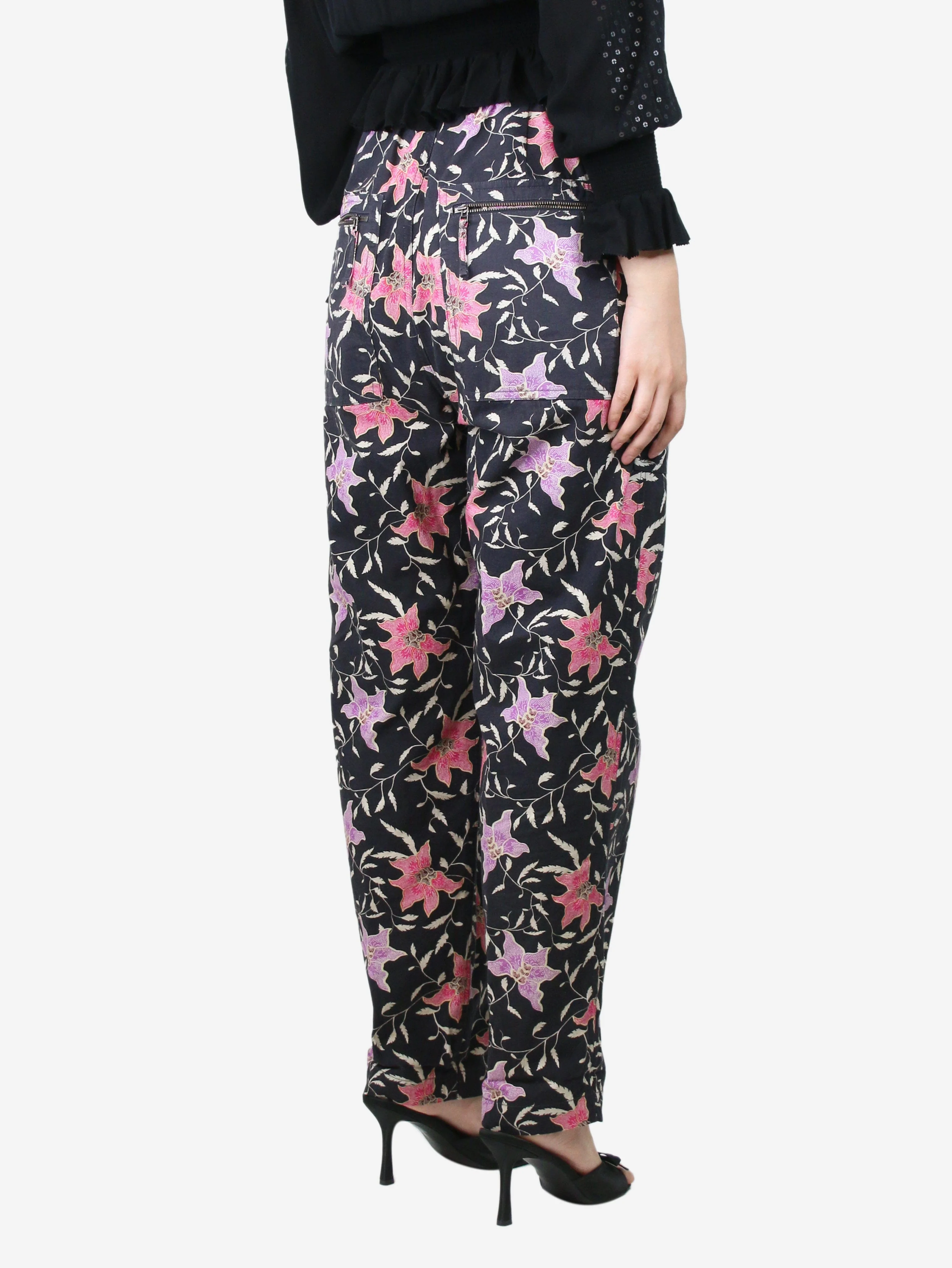 Black elasticated floral trousers - size S - Image 3
