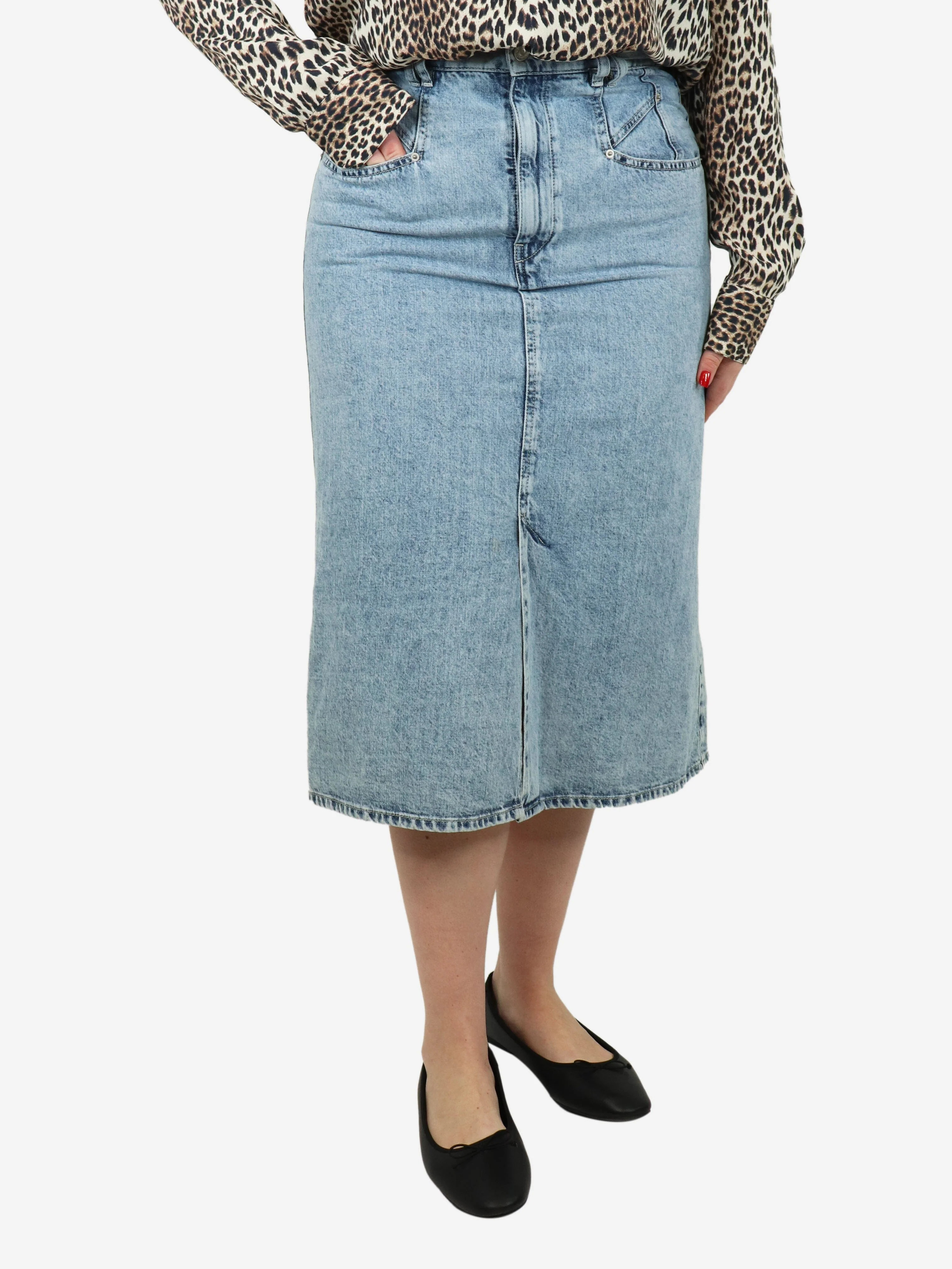 Blue washed denim midi skirt - size UK 14